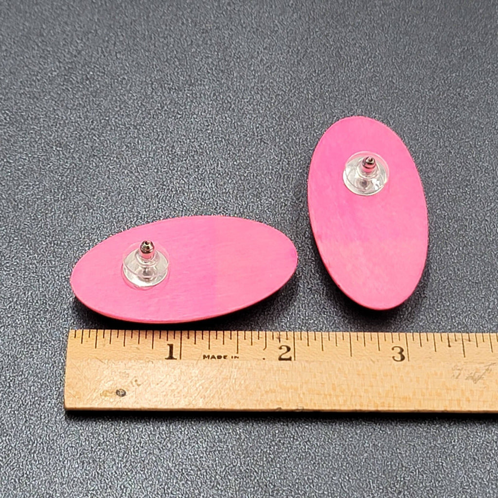 Vintage Pierced Earrings Large Wood Pink Stain Statement Drop 2"