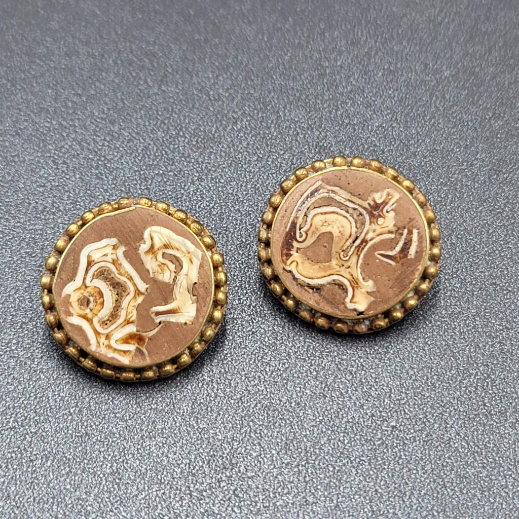 Vintage Clip on Earrings Brass Wood Stone Inlay Unique Discs  1"