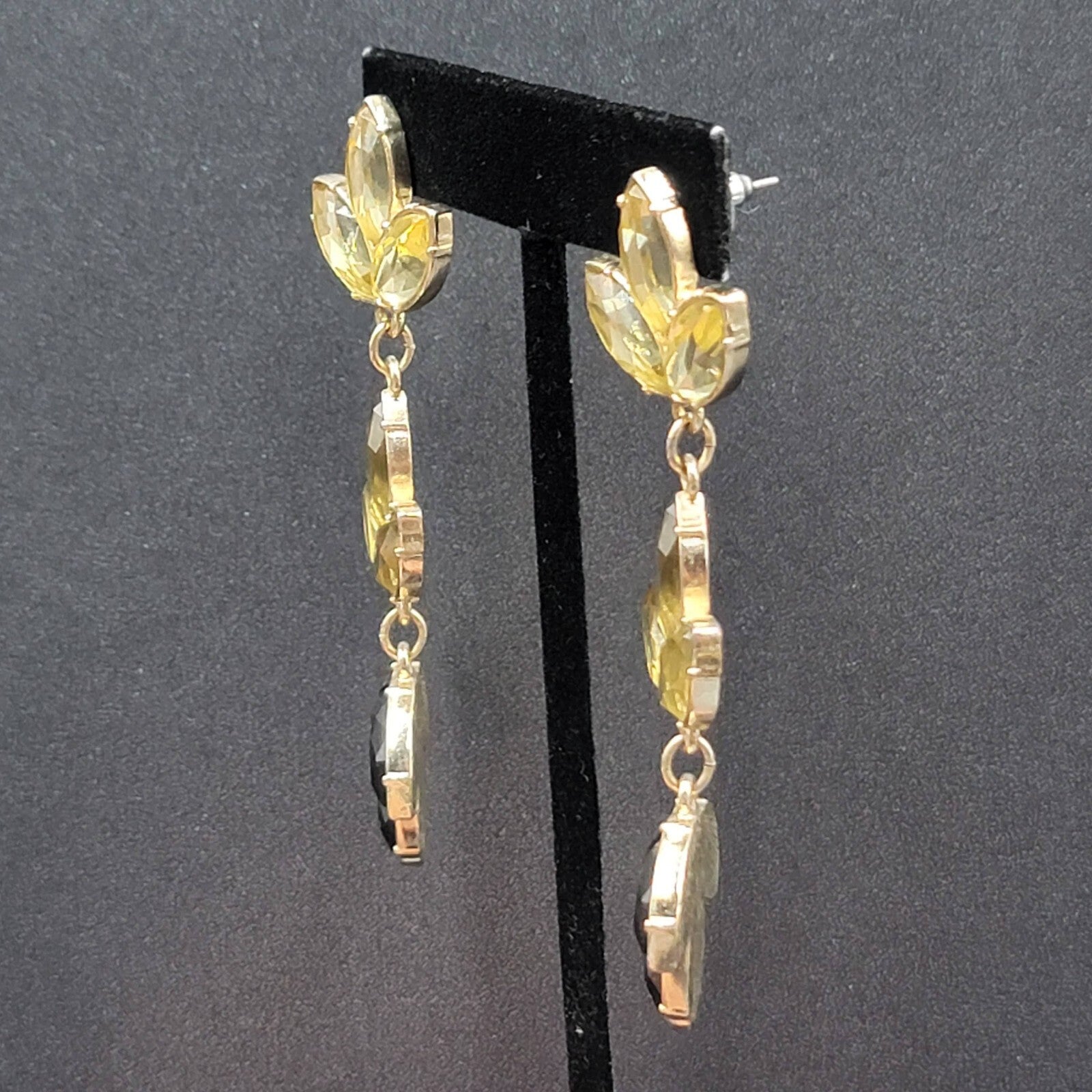 Pierced Earrings Gold tone Statement Rhinestone Long Dangle 3.25"