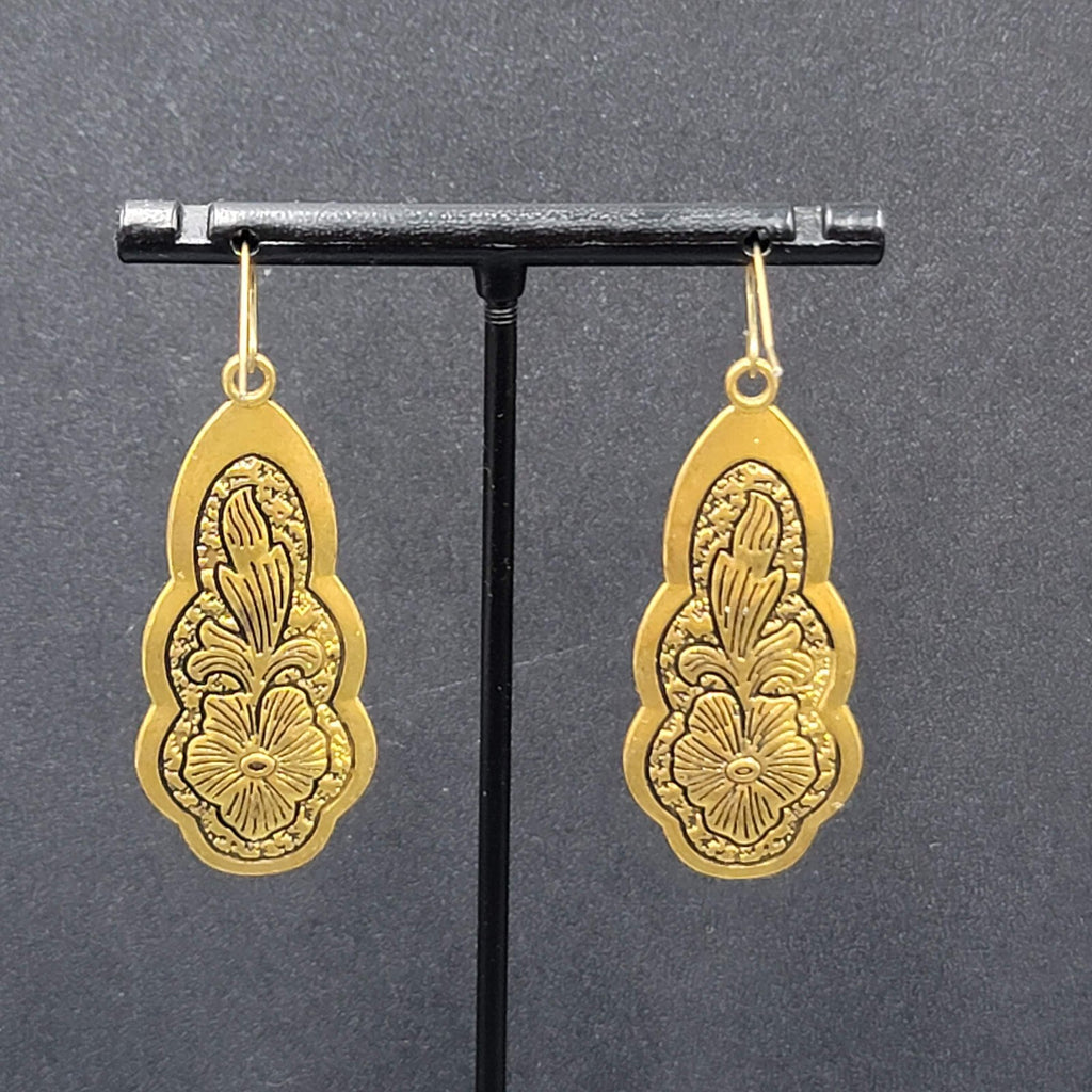 Pierced Earrings Gold Plated Black Embossed Flowers Dangle 1.75"