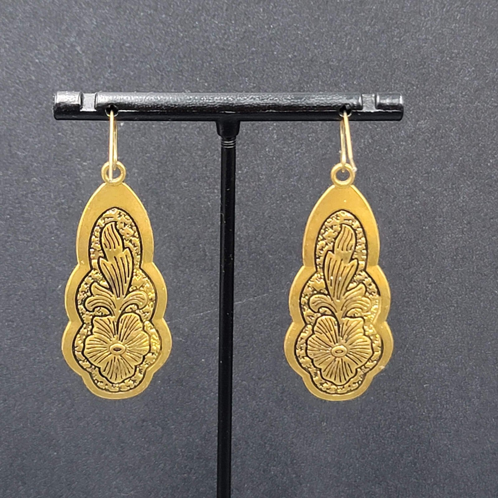 Pierced Earrings Gold Plated Black Embossed Flowers Dangle 1.75"