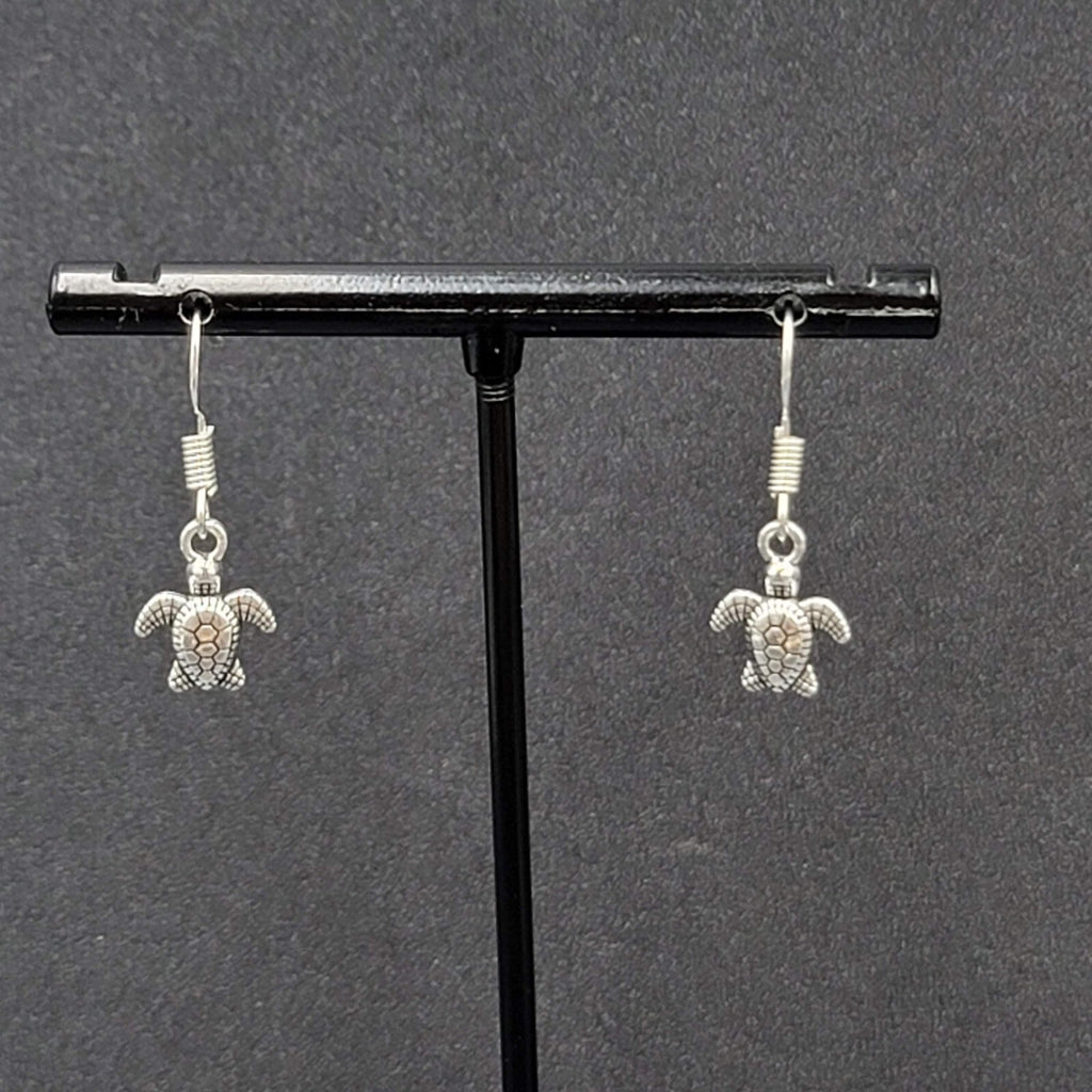 Pierced Earrings Miniature Baby Sea Turtle Dainty Dangle Silver tone  1/2"