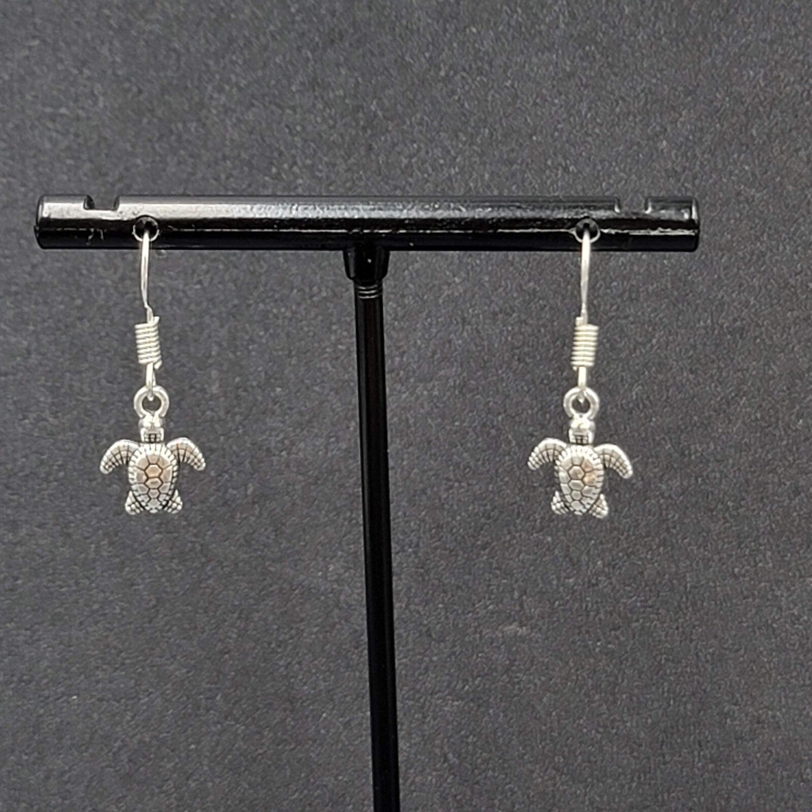 Pierced Earrings Miniature Baby Sea Turtle Dainty Dangle Silver tone  1/2"