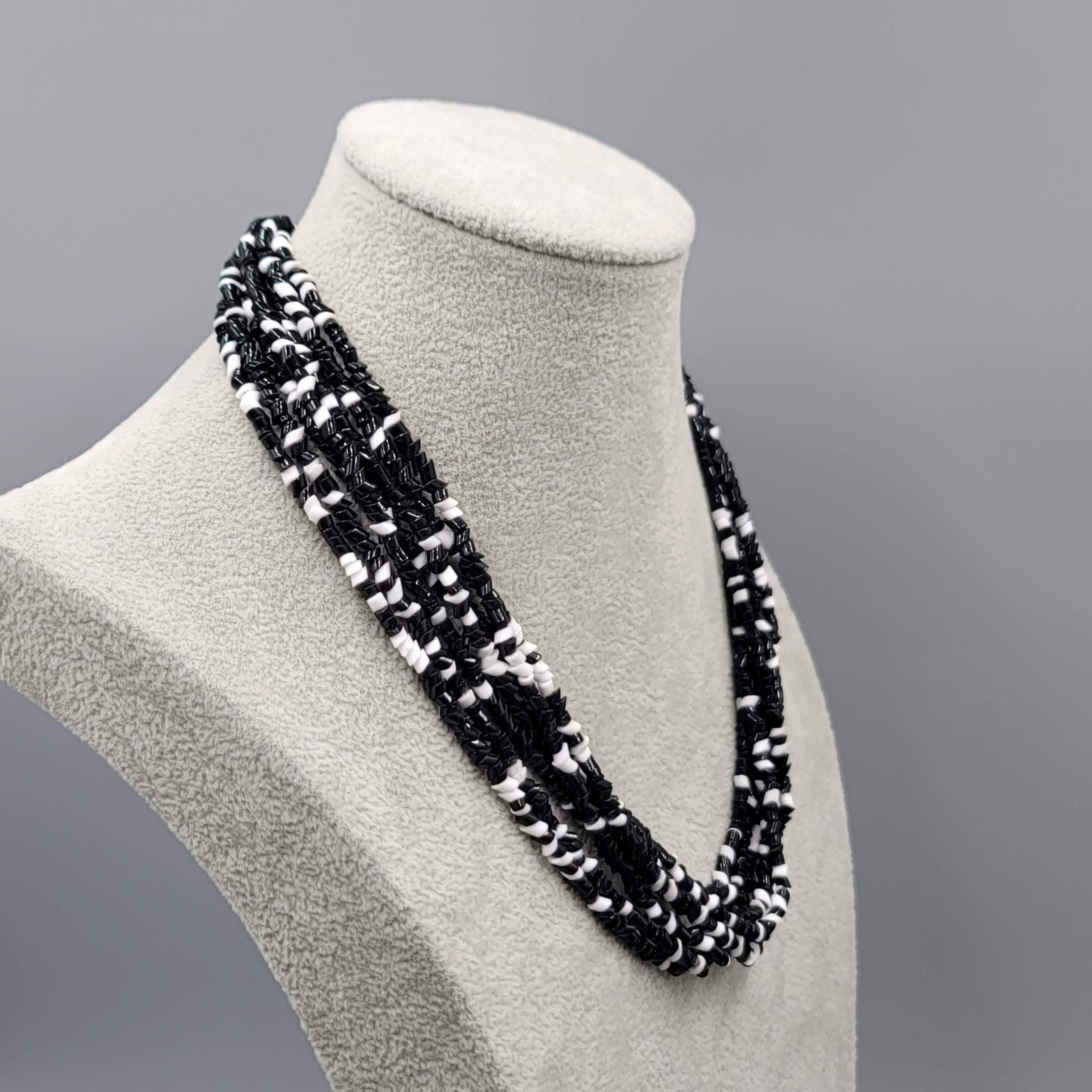 Vintage Black White Glass Bead Necklace Multi Strand 18"