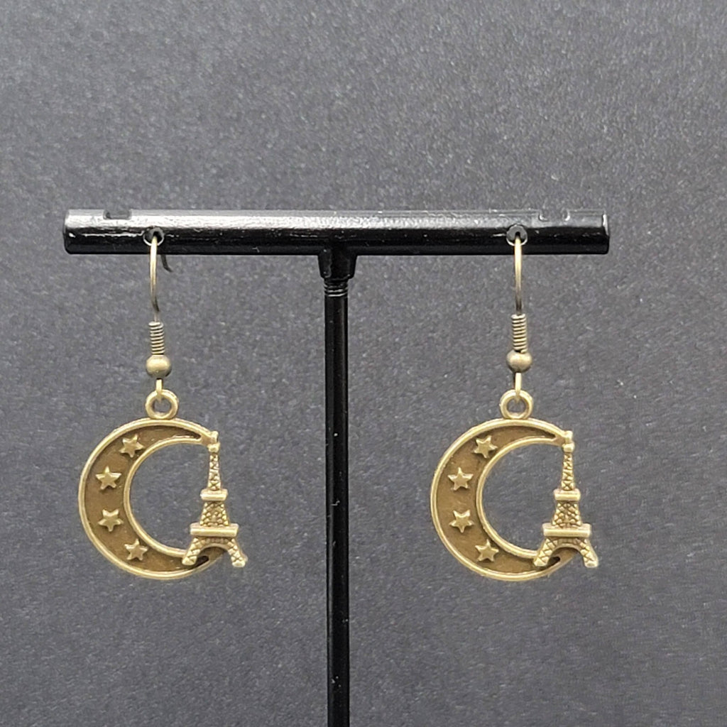 Crescent Moon Eiffel Tower Pierced Earrings Dangle Bronze tone New 7/8"