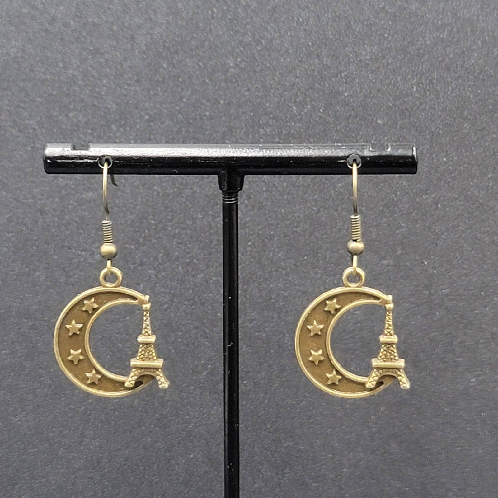 Crescent Moon Eiffel Tower Pierced Earrings Dangle Bronze tone New 7/8"