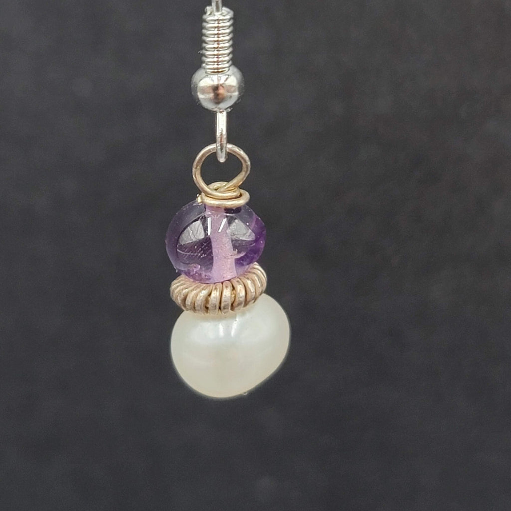 Sterling Silver Pierced Earrings Pearl Amethyst Bead Dangle 5/8"