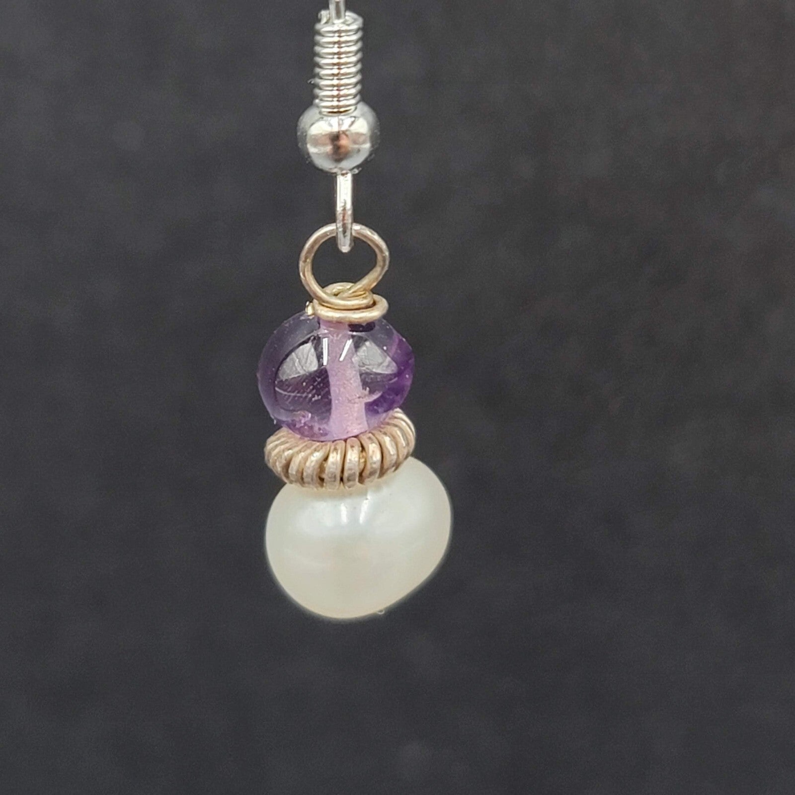 Sterling Silver Pierced Earrings Pearl Amethyst Bead Dangle 5/8"