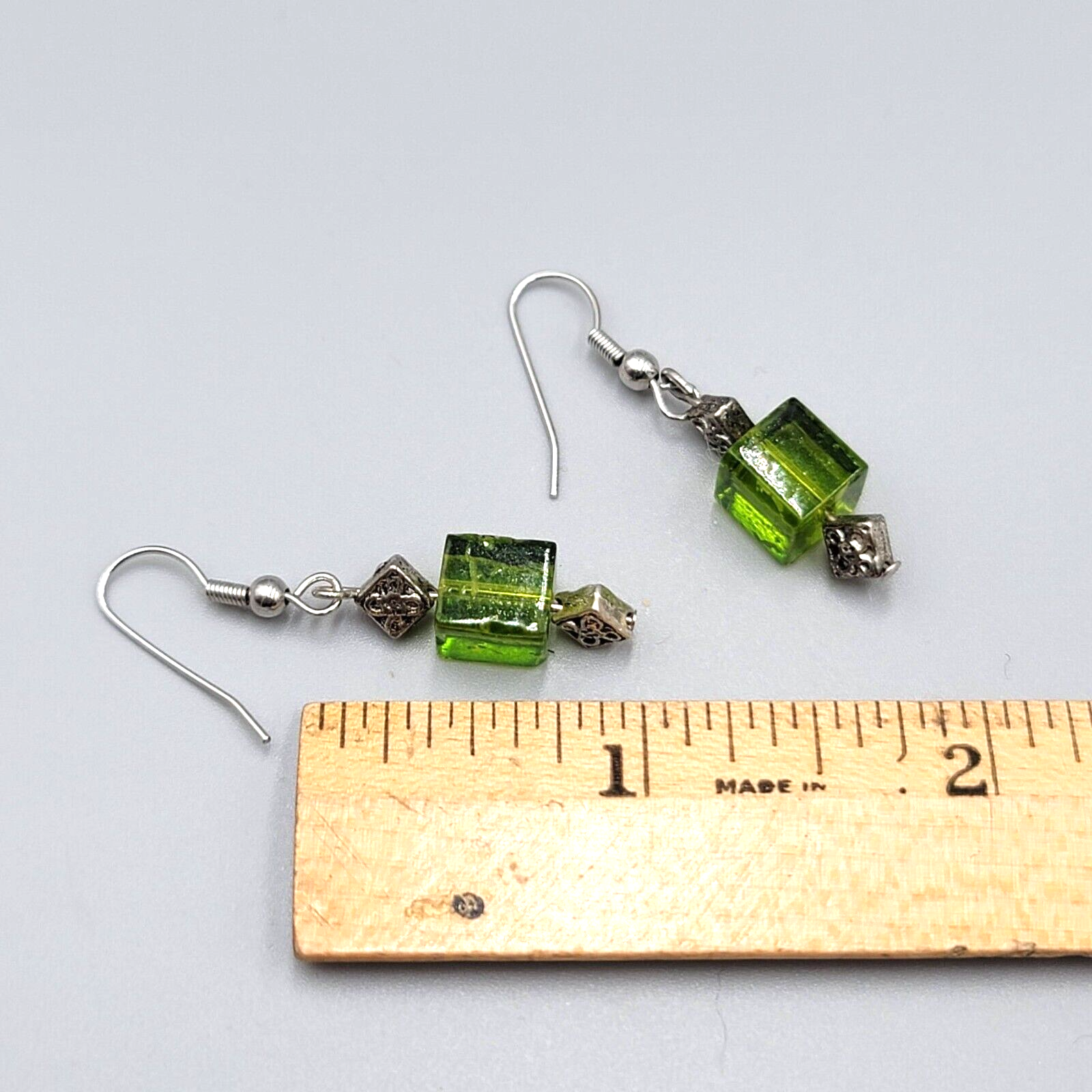 Pierced Earrings Square Green Glass Bead Silver tone Dangle 1"