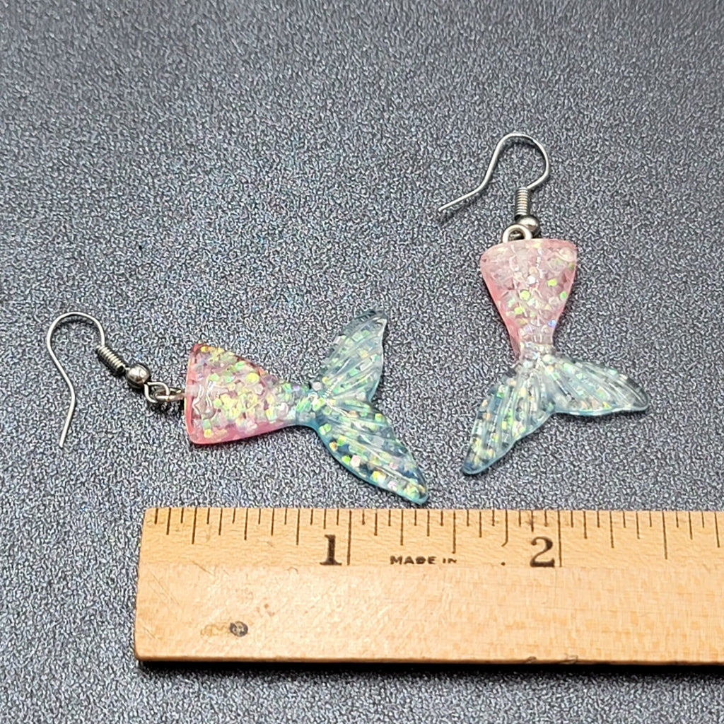 Mermaid Tail Pierced Earrings Pink Blue Glitter Resin Dangle 1.25"