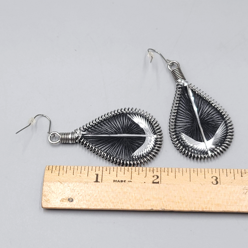 Teardrop Black String Art Pierced Earrings Silver tone Dangle 2"