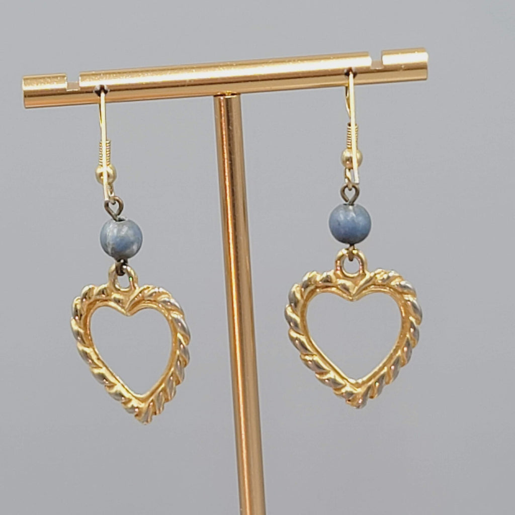 Vintage Heart Pierced Earrings Gold tone Blue Bead Dangle 1.5"
