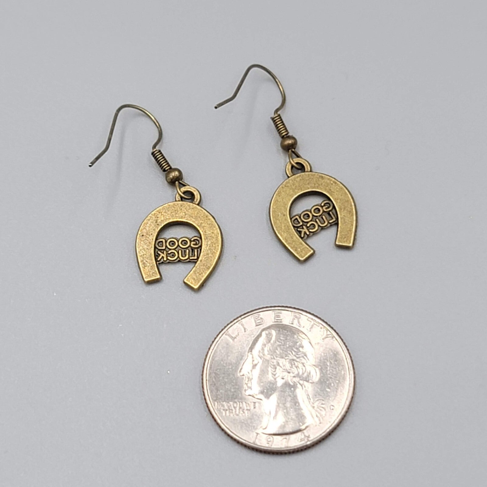 Good Luck Horseshoe Pierced Earrings Bronze tone Dangle NEW 3/4"