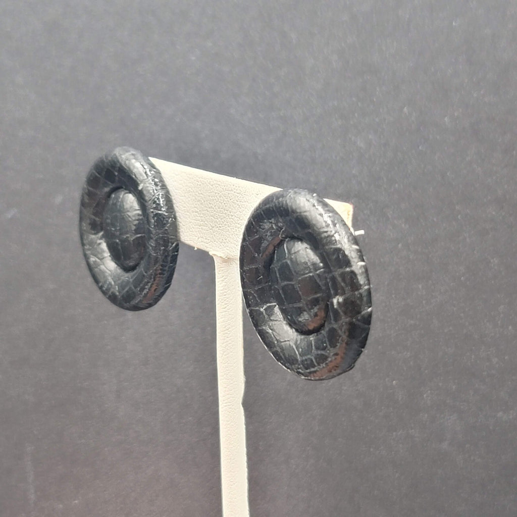 Vintage Pierced Earrings Faux Snake Skin Black Button Studs 1 1/8"