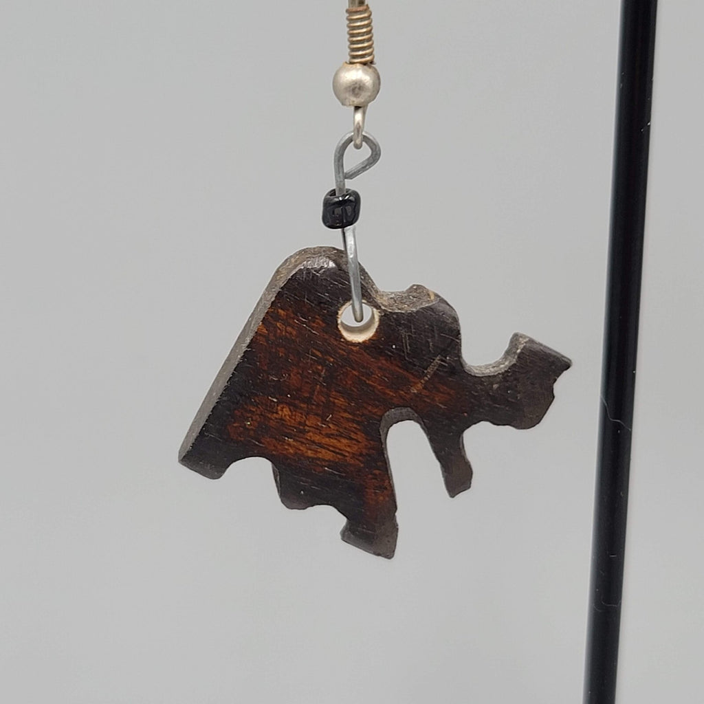 Vintage Elephant Pierced Earrings Hand Carved Wood Dangle Silver tone Hooks 1"