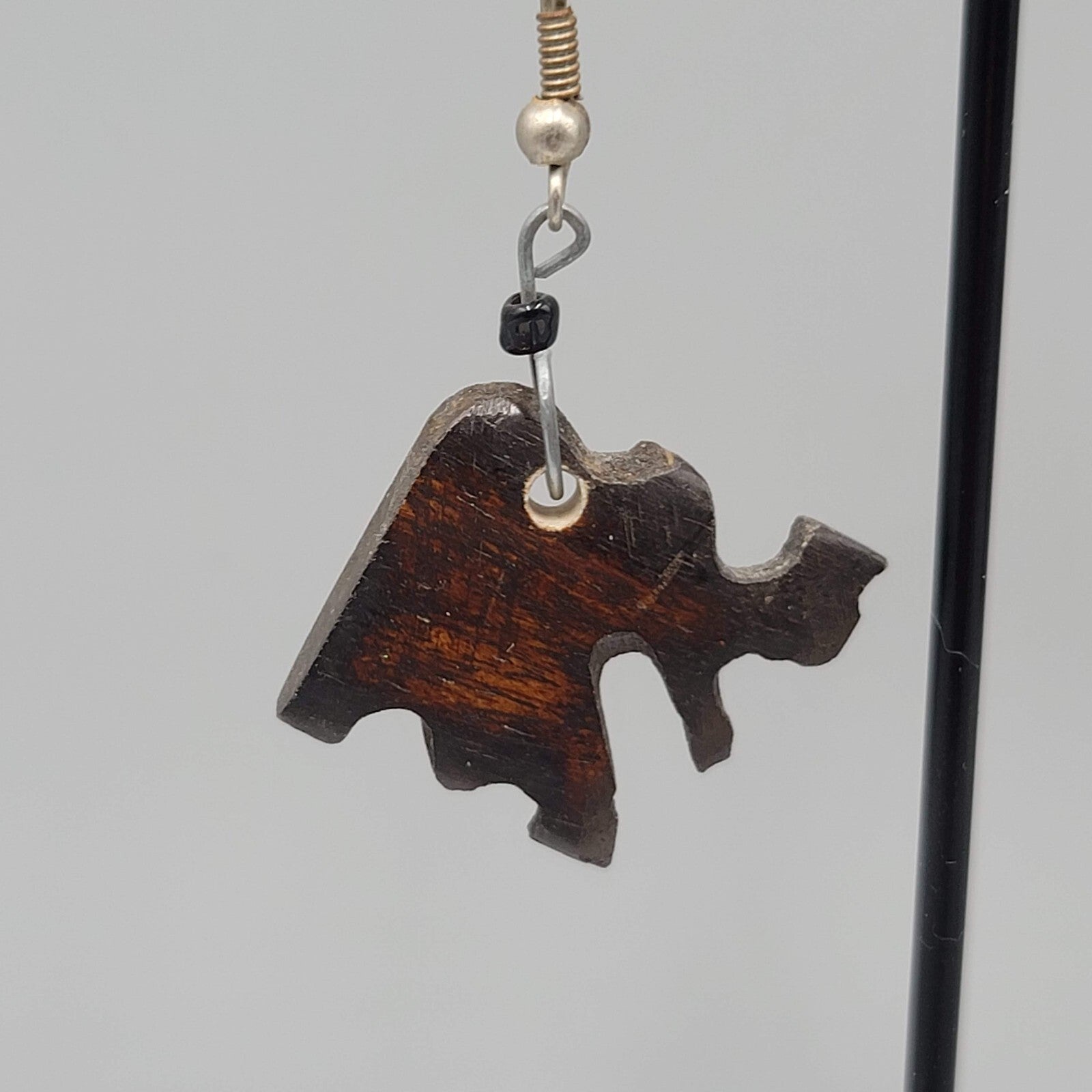 Vintage Elephant Pierced Earrings Hand Carved Wood Dangle Silver tone Hooks 1"