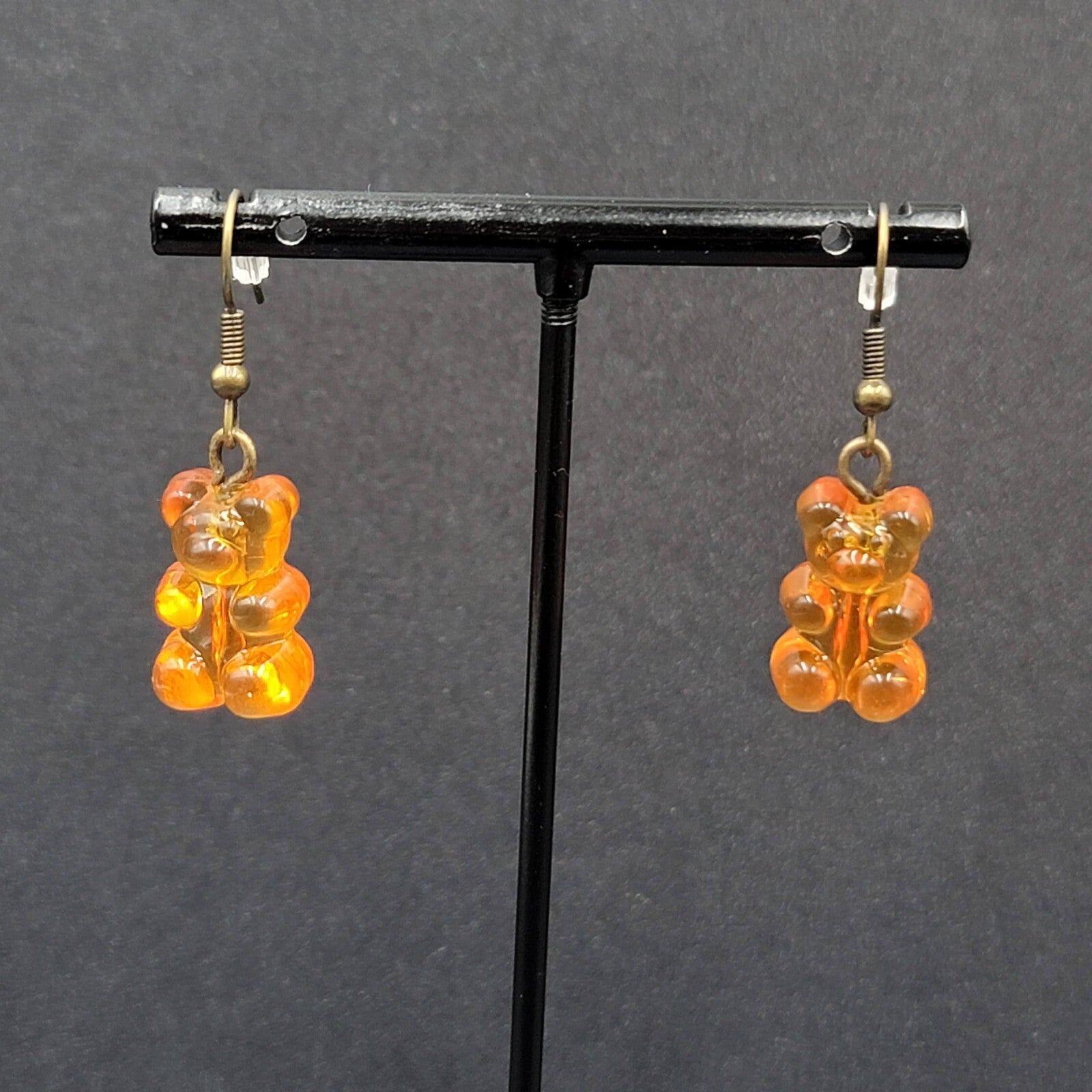 New Orange Gummy Bear Pierced Earrings Bronze tone Hooks Dangle 3/4"