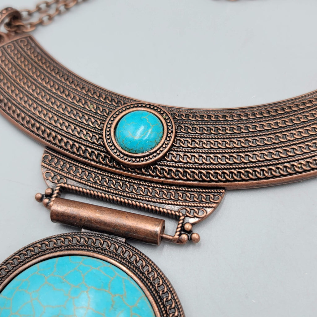 Large Medallion Statement Necklace Bronzetone Blue Howlite Pendant 18"