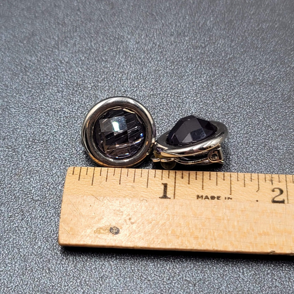 Clip on Earrings Silver tone Purple Faceted Round Stud 5/8"