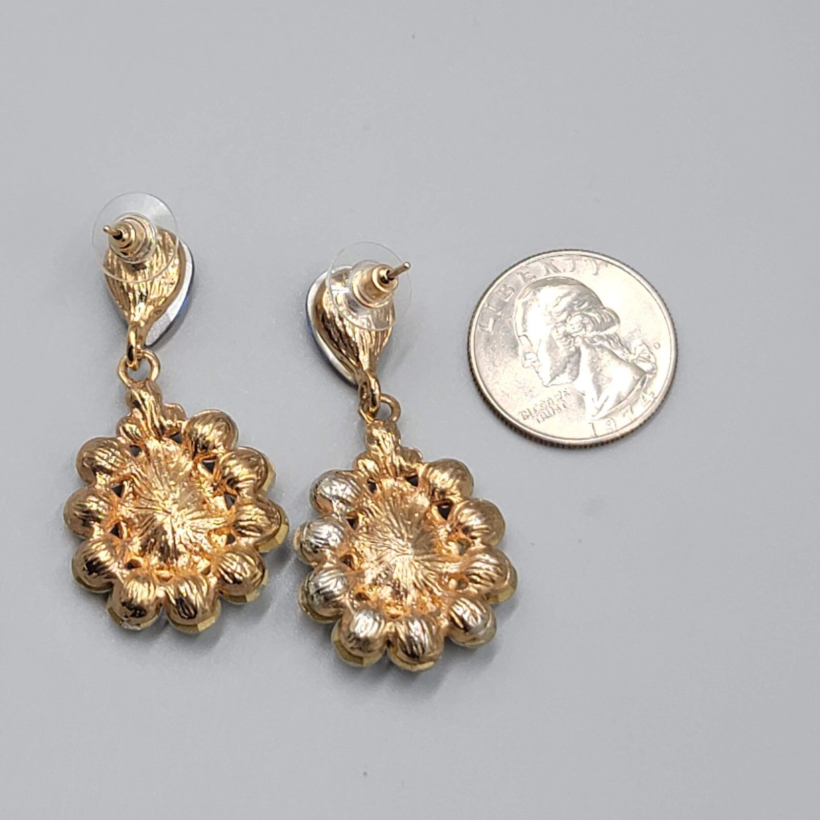 Blue Teardrop Glass Pierced Earrings Gold tone Dangle 2"