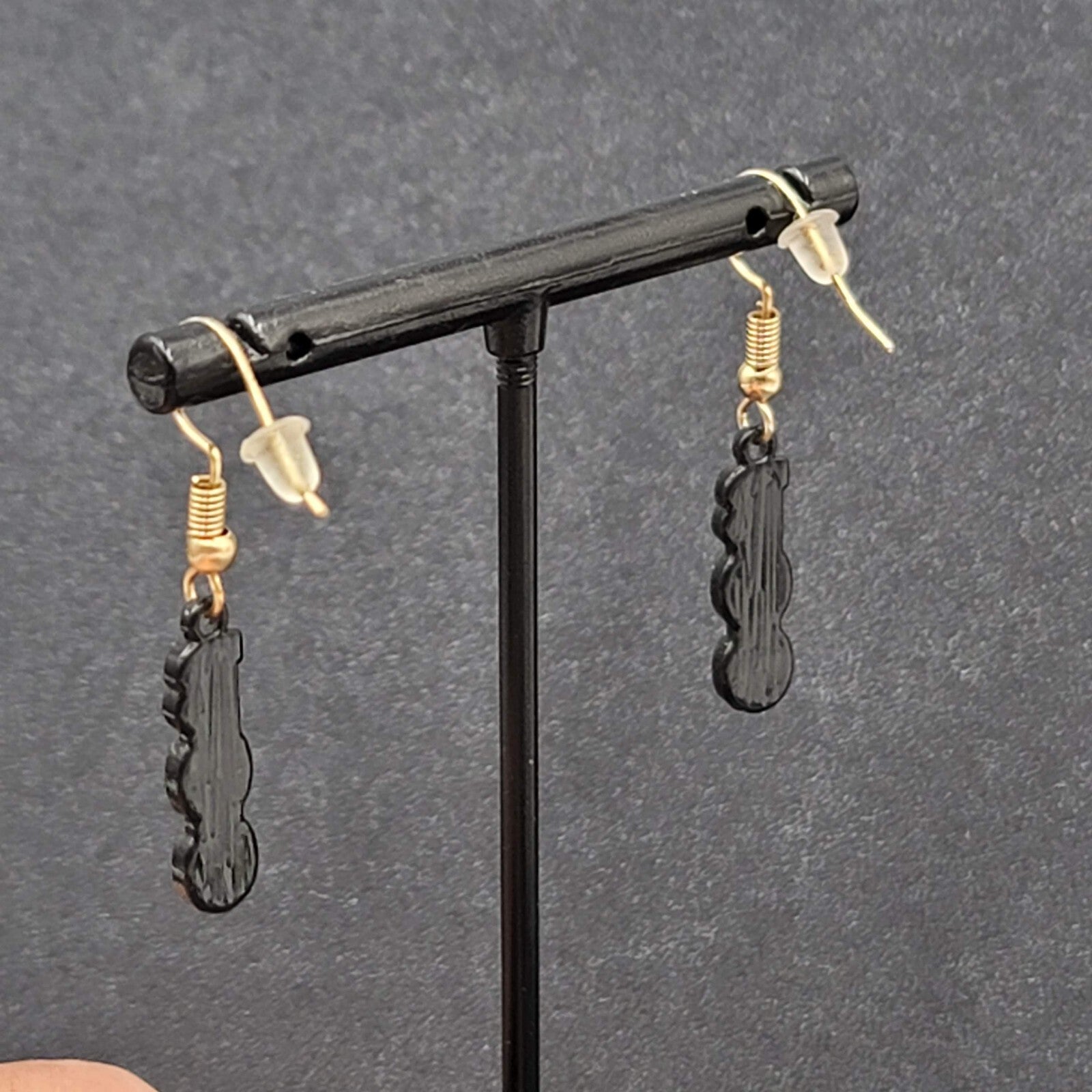 BOO Pierced Earrings Black Enamel Halloween Dangle Gold tone 7/8"
