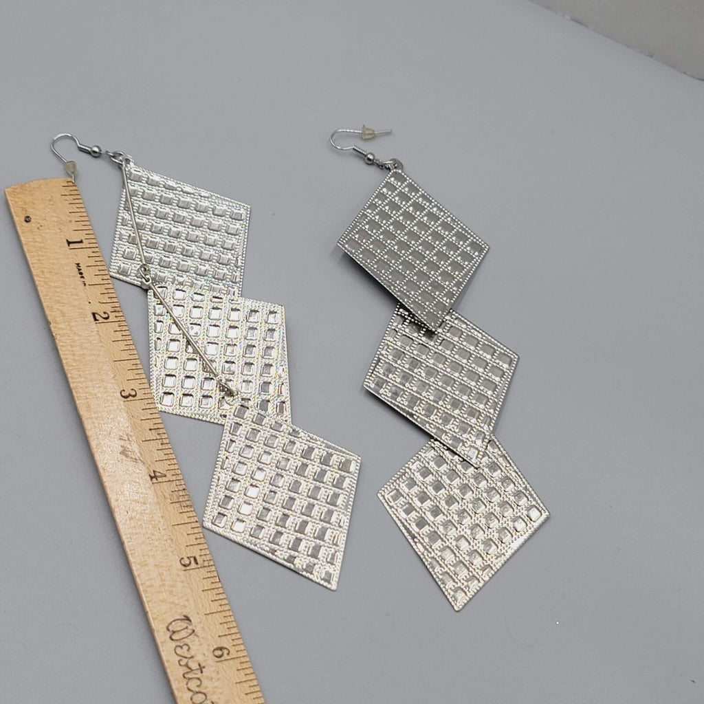 Extra Long Statement Pierced Earrings Silver tone Embossed 5.5"