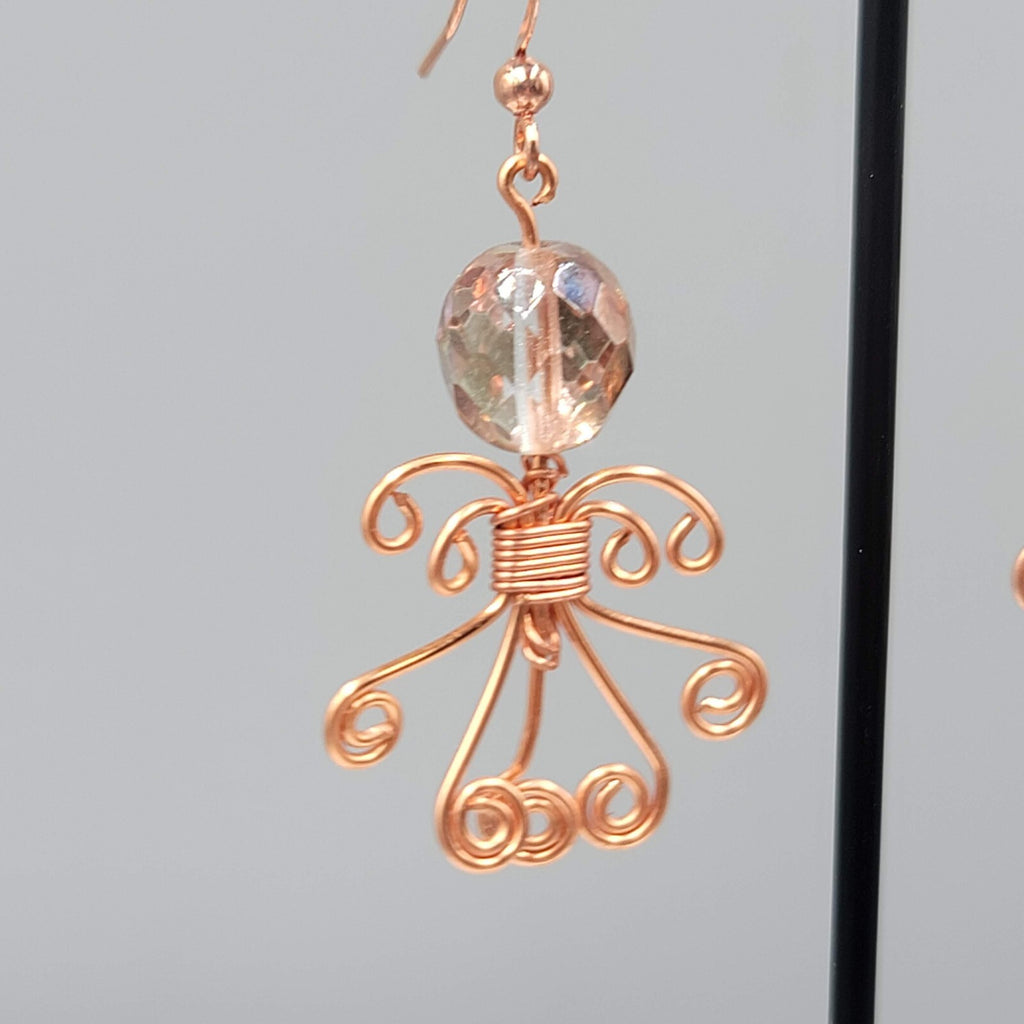 Wire Wrapped Angel Pierced Earrings Copper tone Dangle 1.5"