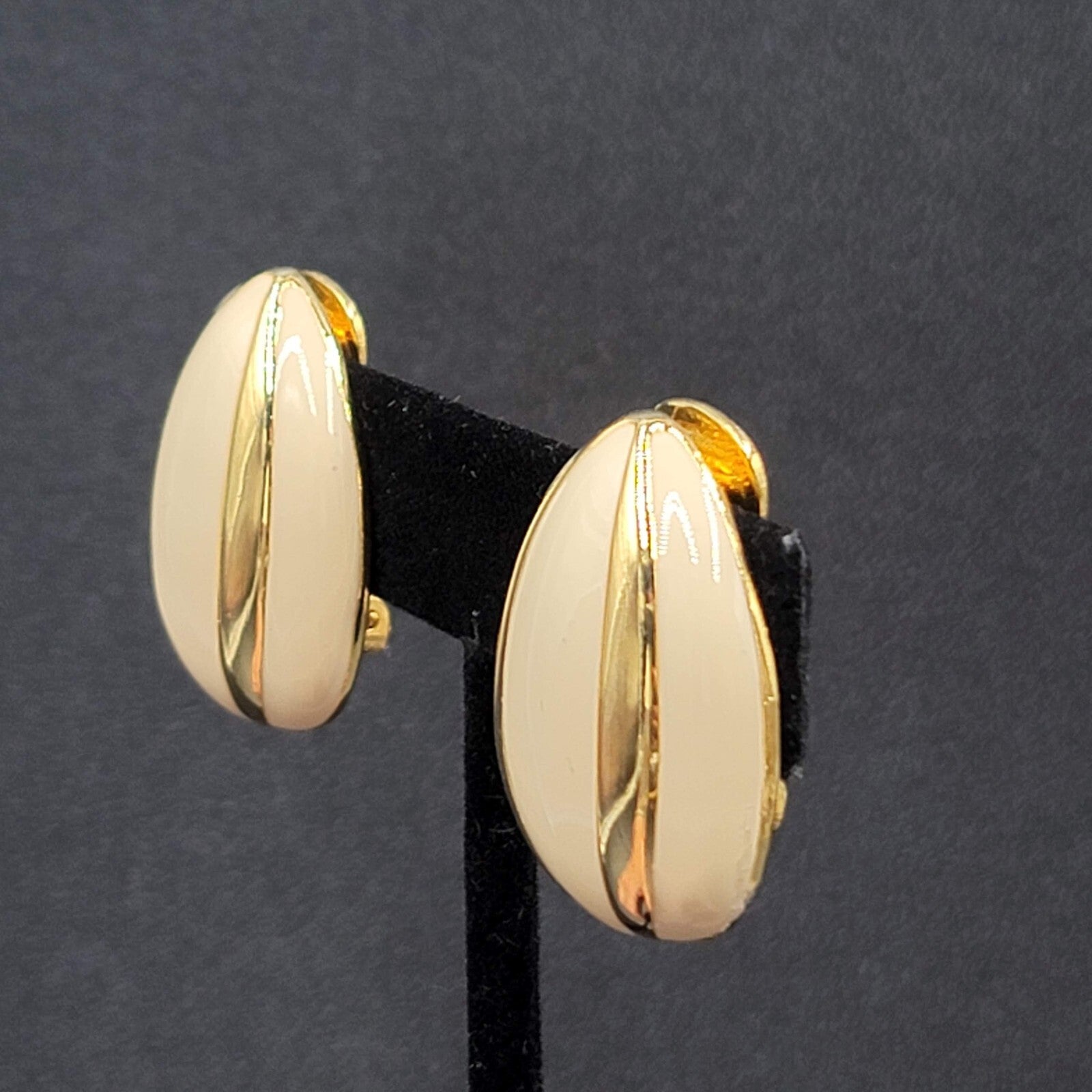 Vintage Clip on Earrings Gold Plated Ivory Enamel Large Statement Drop 1.25"