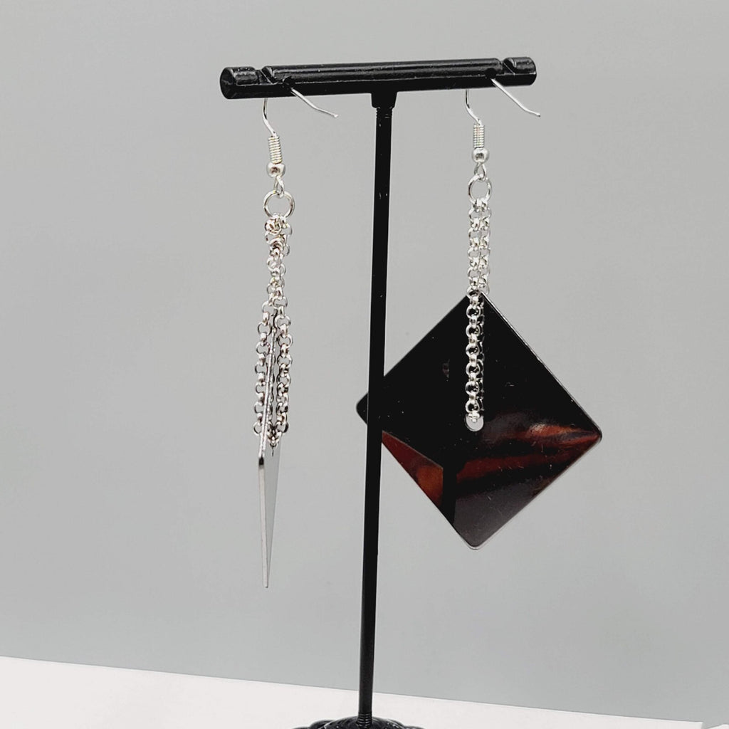 Pierced Earrings Silver tone Chain Black Metal Square Dangle Unique 2.5"