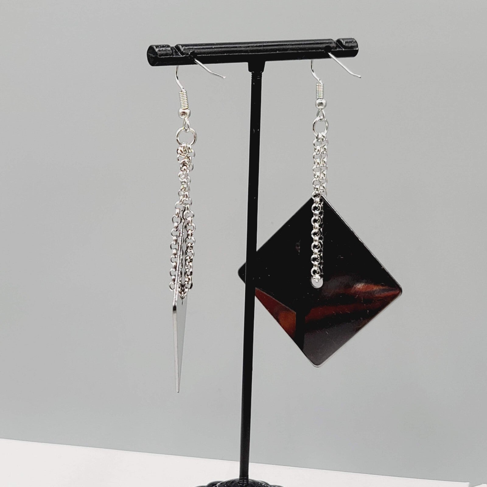 Pierced Earrings Silver tone Chain Black Metal Square Dangle Unique 2.5"