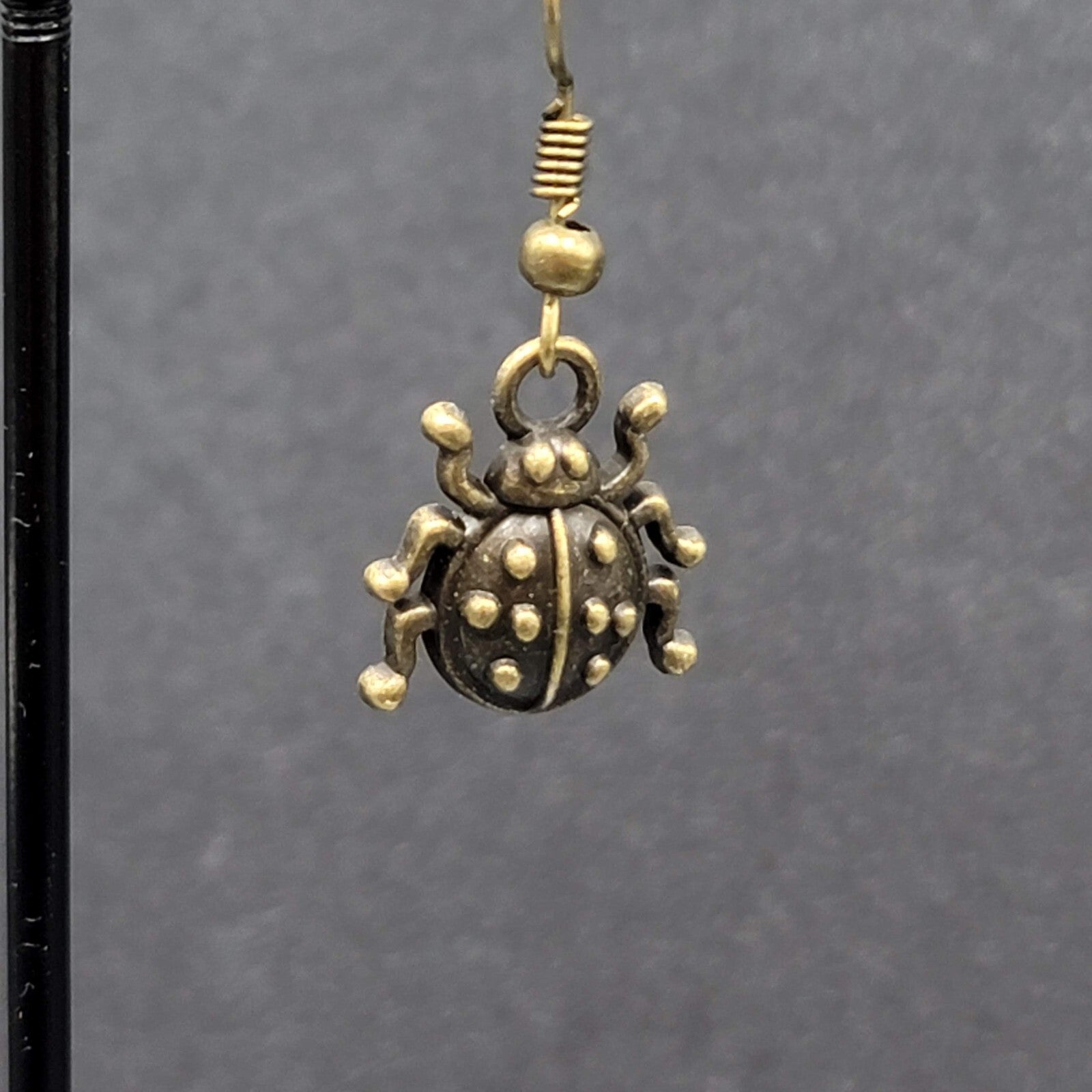Ladybug Pierced Earrings Dangle Bronze tone 5/8"