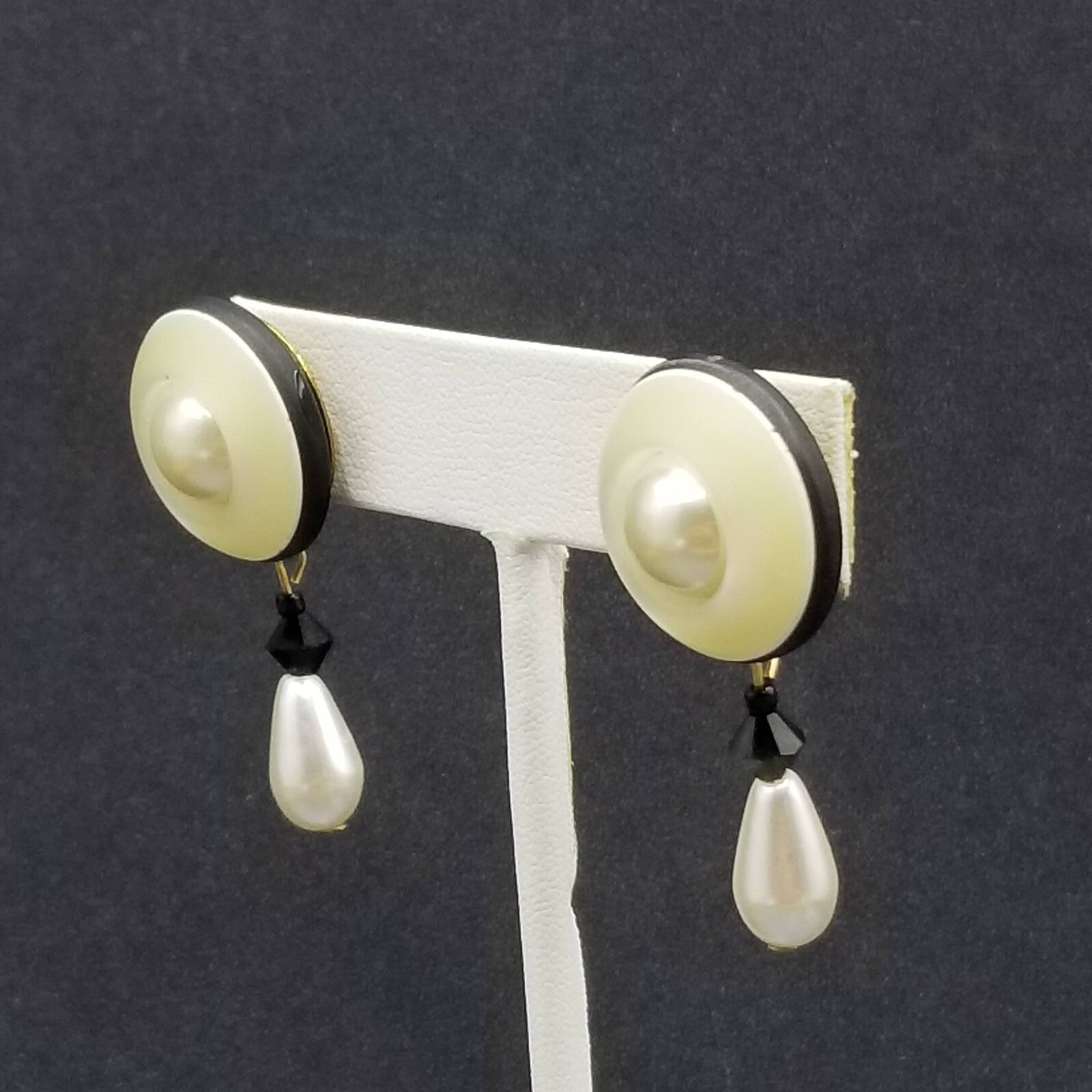 Pierced Earrings Gold tone Mother of Pearl Bead Button Style Dangle 1 5/8"