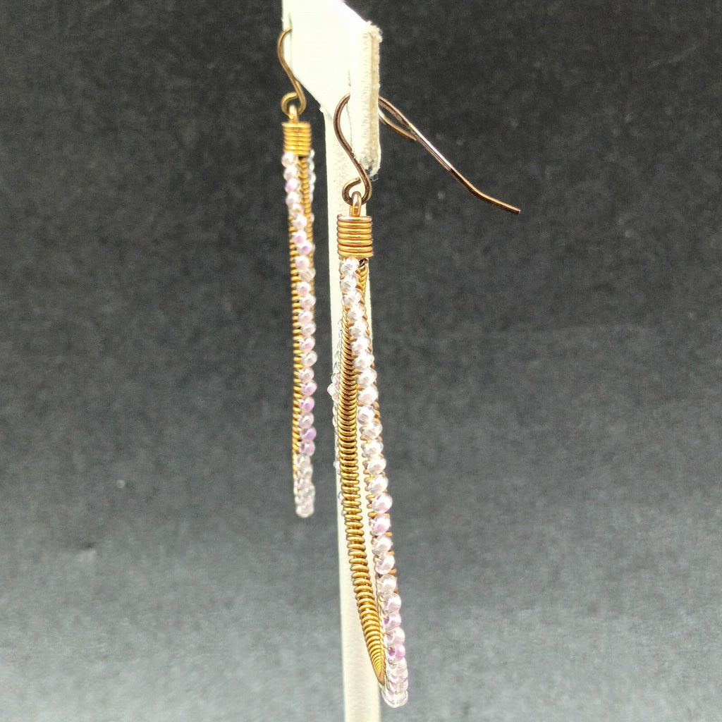 Pierced Earrings Gold tone Wire Wrapped Lavender Bead Teardrop Dangle 2 1/8"