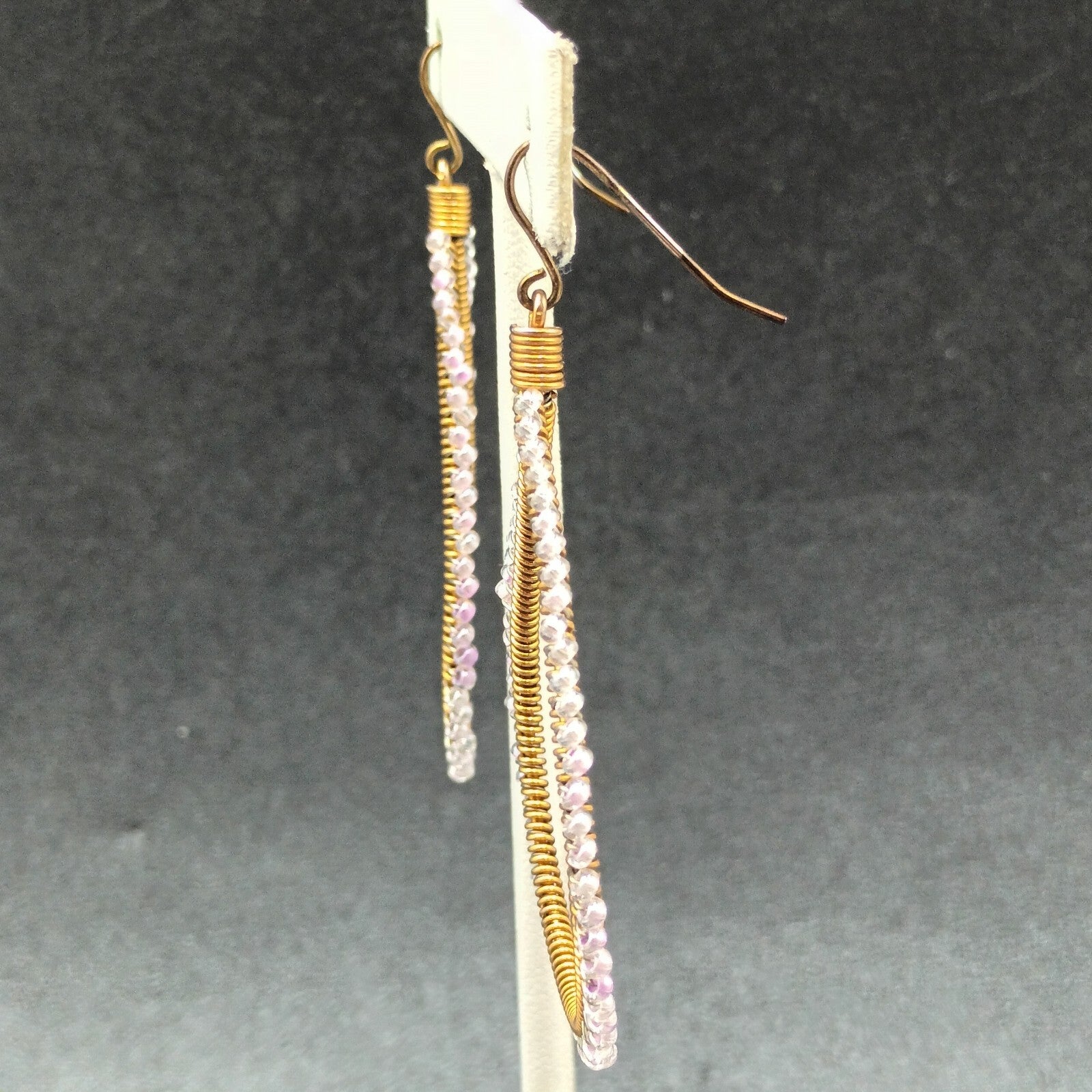 Pierced Earrings Gold tone Wire Wrapped Lavender Bead Teardrop Dangle 2 1/8"
