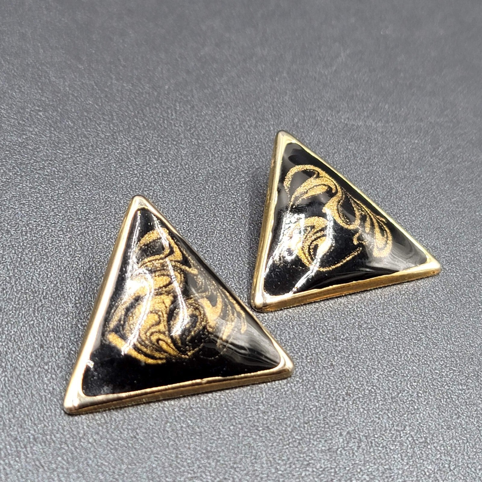 Vintage Clip on Earrings Black Gold Enamel Triangle Large Statement 1 3/8"