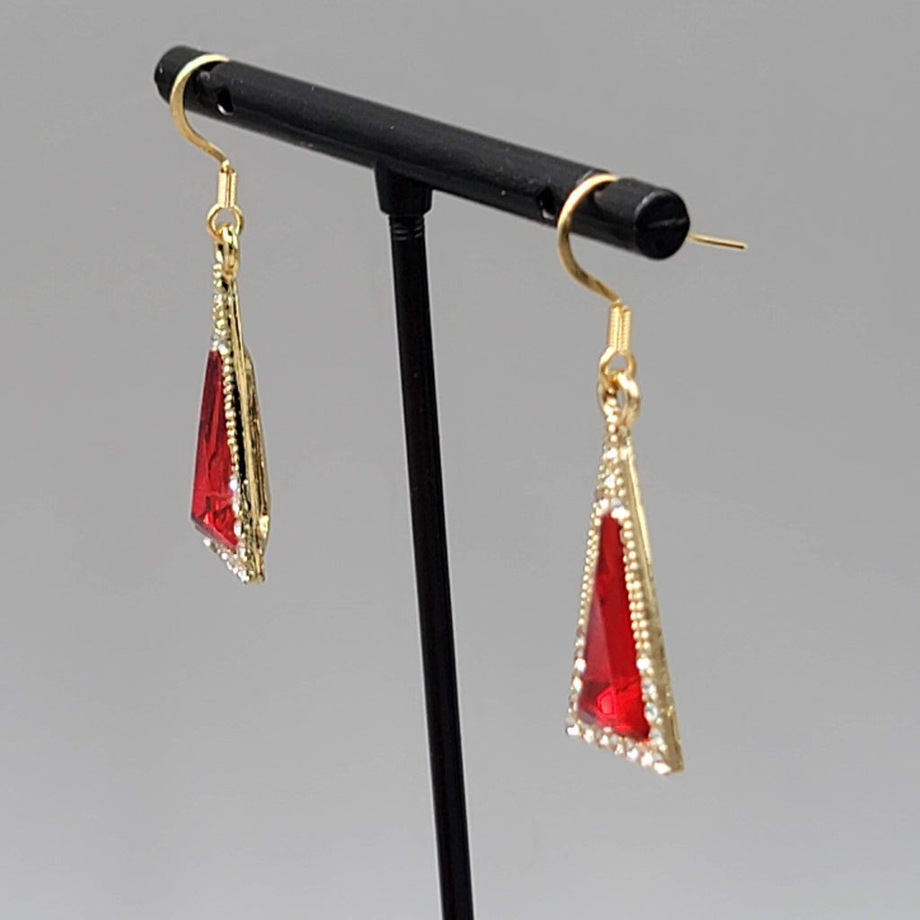 Red Rhinestone Triangle Pierced Earrings Gold tone Dangle 7/8"