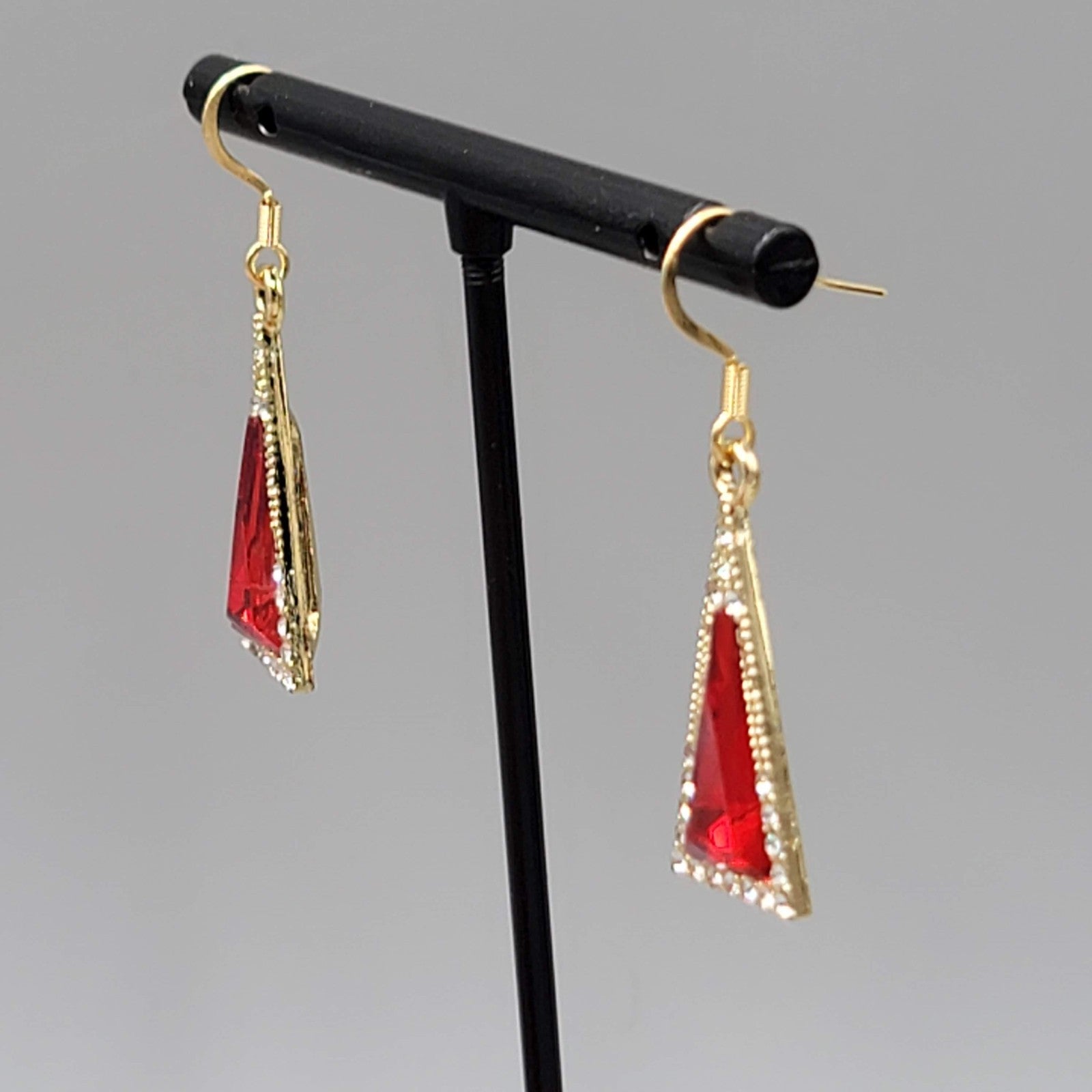 Red Rhinestone Triangle Pierced Earrings Gold tone Dangle 7/8"