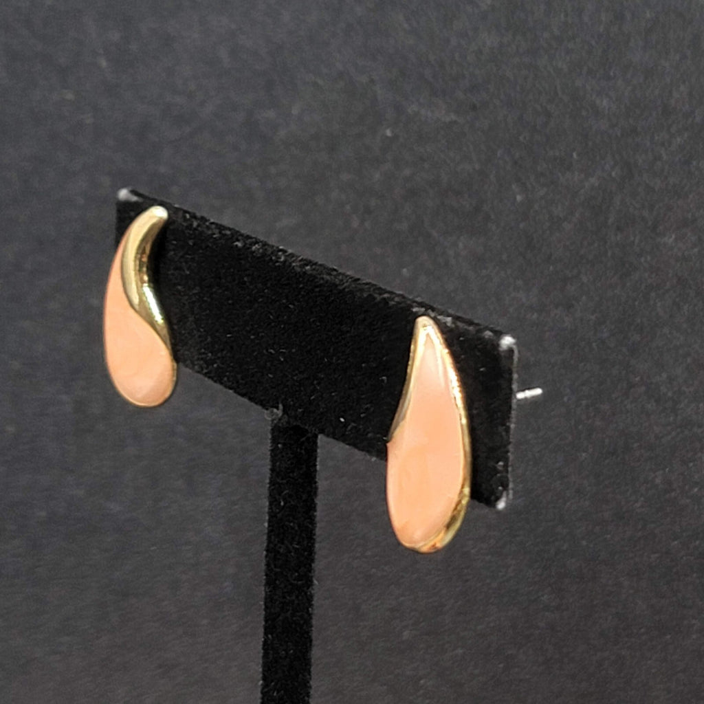 Vintage Pierced Earrings Gold tone PinkEnamel Teardrop Studs 3/4"