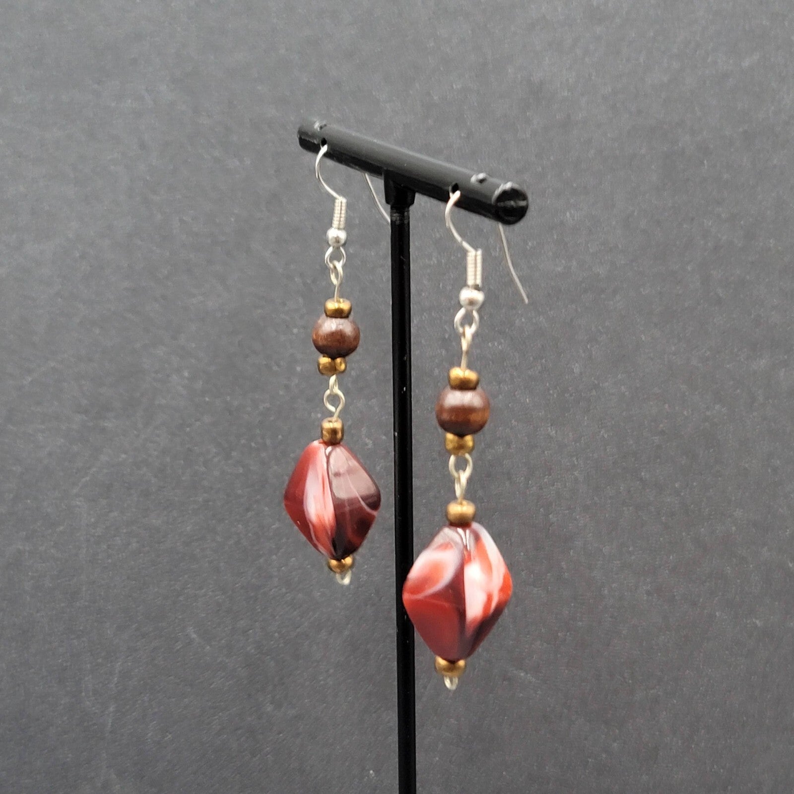 Pierced Earrings Wood Bead Red Swirl Acrylic Bead Dangle  1.75"