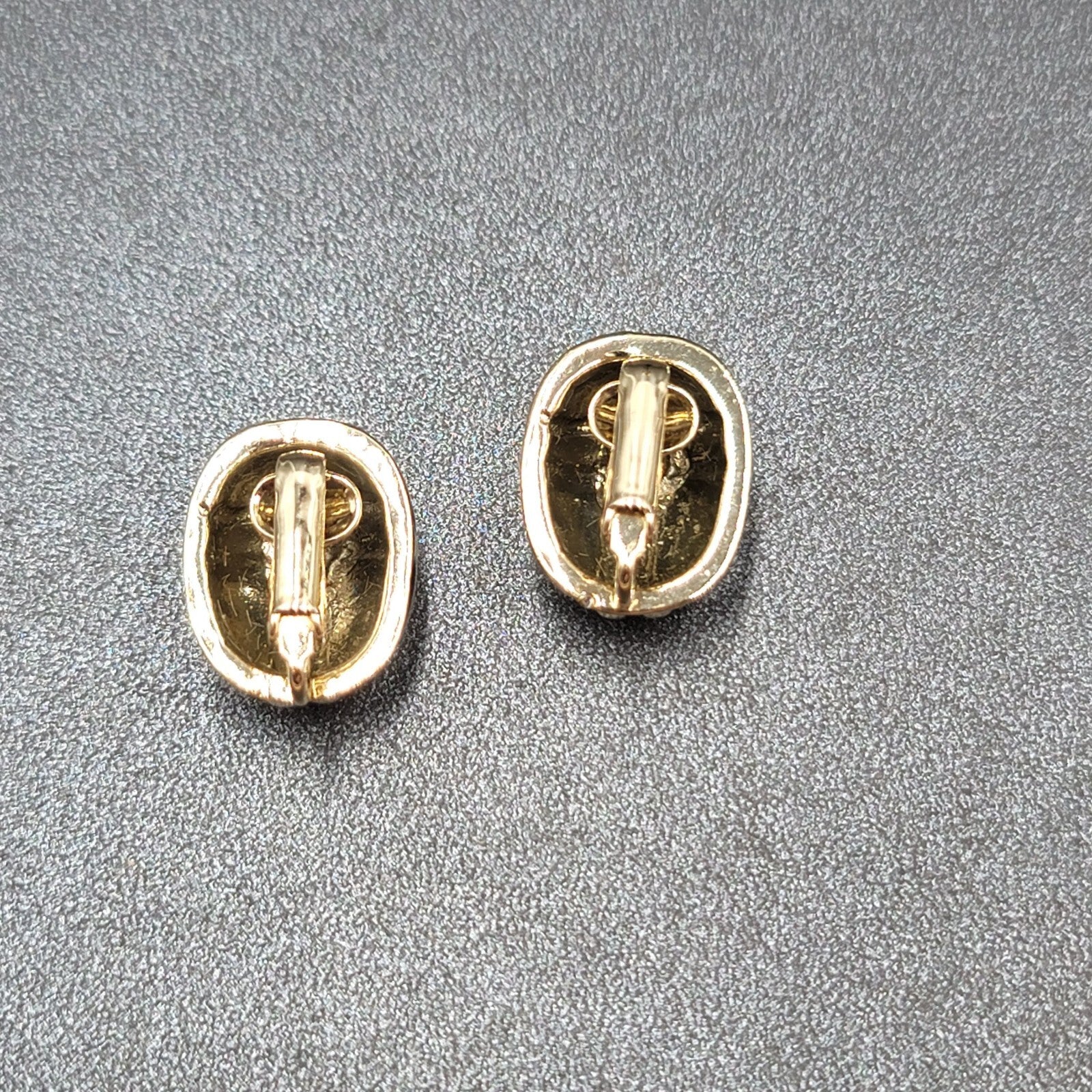 Vintage Clip on Earrings Gold tone Black Enamel Dome Oval Studs 3/4"