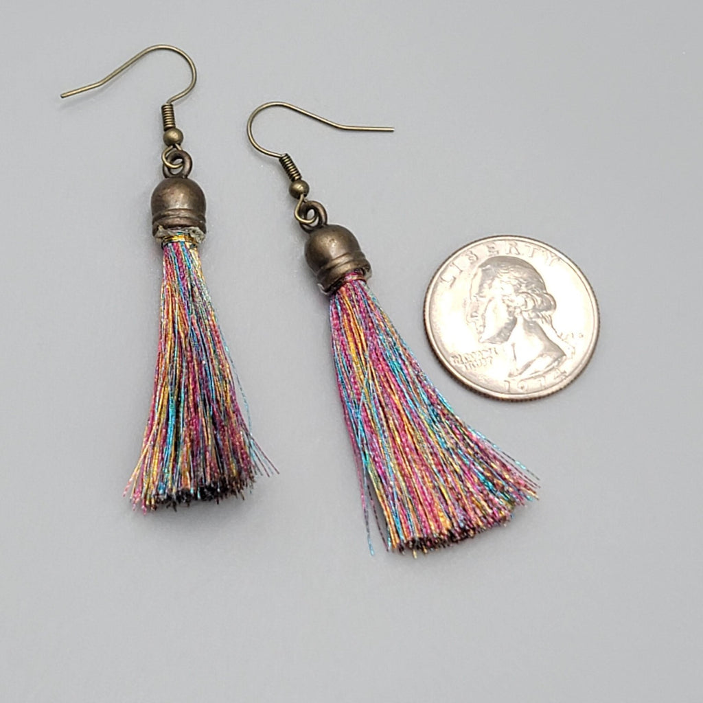 Tassel Pierced Earrings Bronze tone Multicolor Dangle 2"