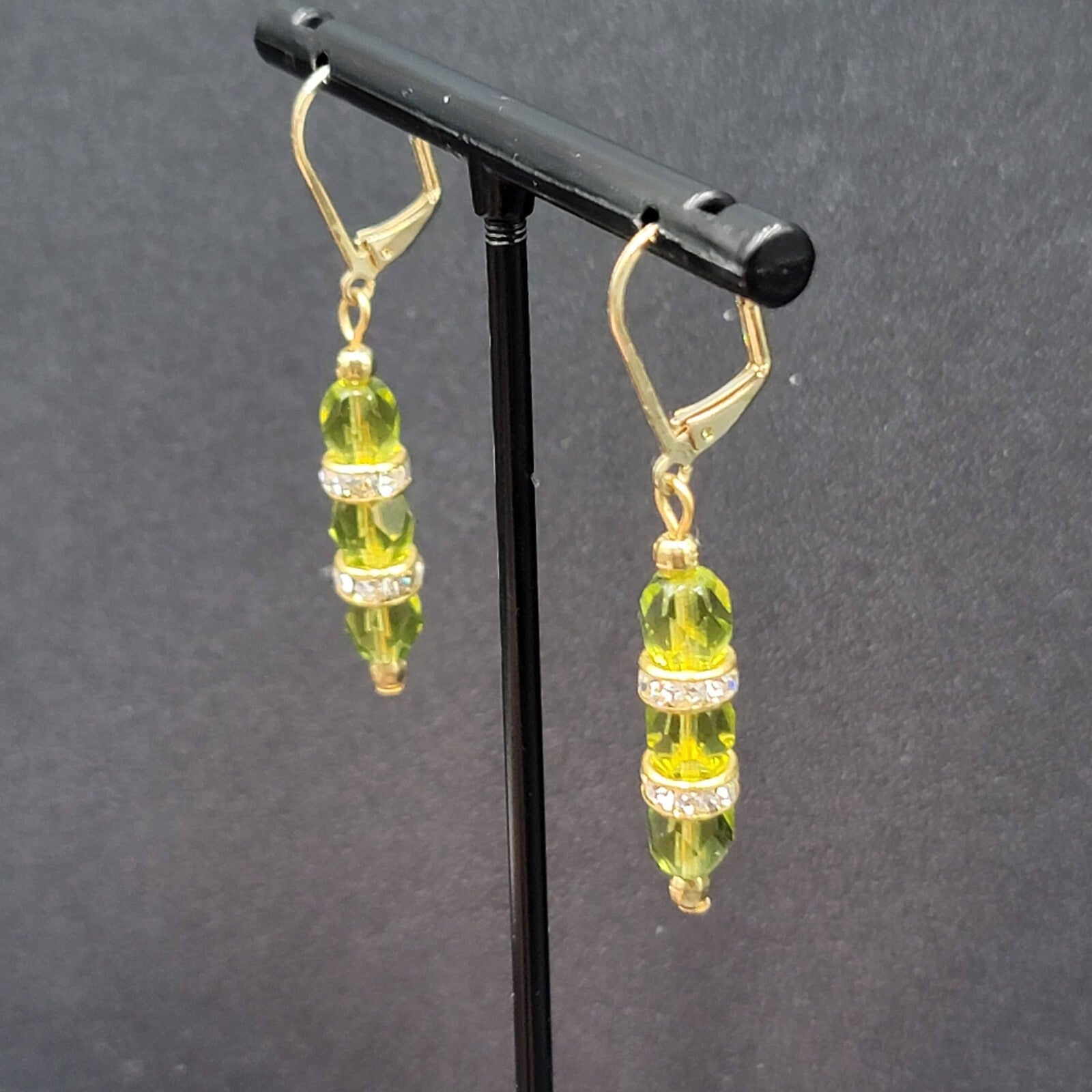 Pierced Earrings Green Faceted Bead Rhinestone Spacers Dangle 1.25"