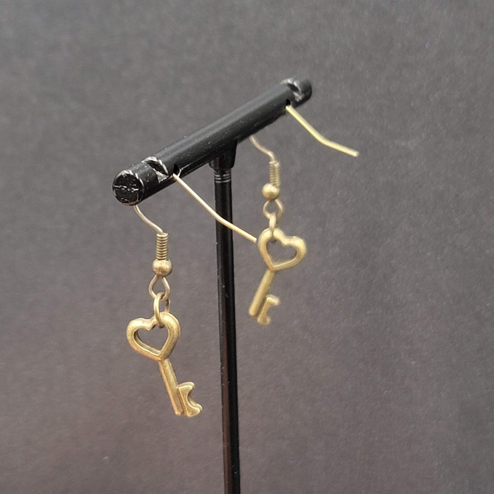 New Pierced Earrings Bronze tone Heart Skeleton Key Dangle 5/8"