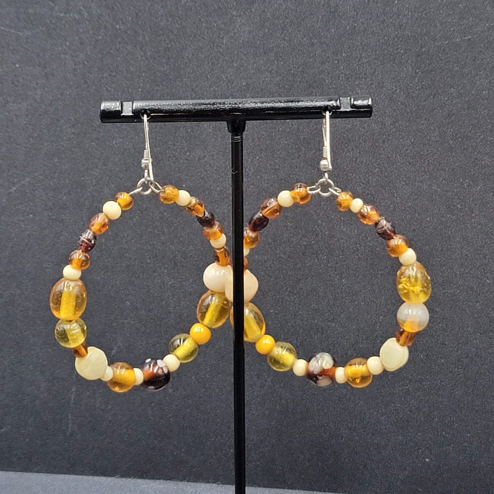 Pierced Earrings Silver tone Brown Glass Bead Hoops 2"