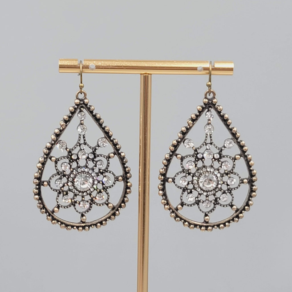 Teardrop Pierced Earrings Bronze tone Rhinestone Dangle 2"