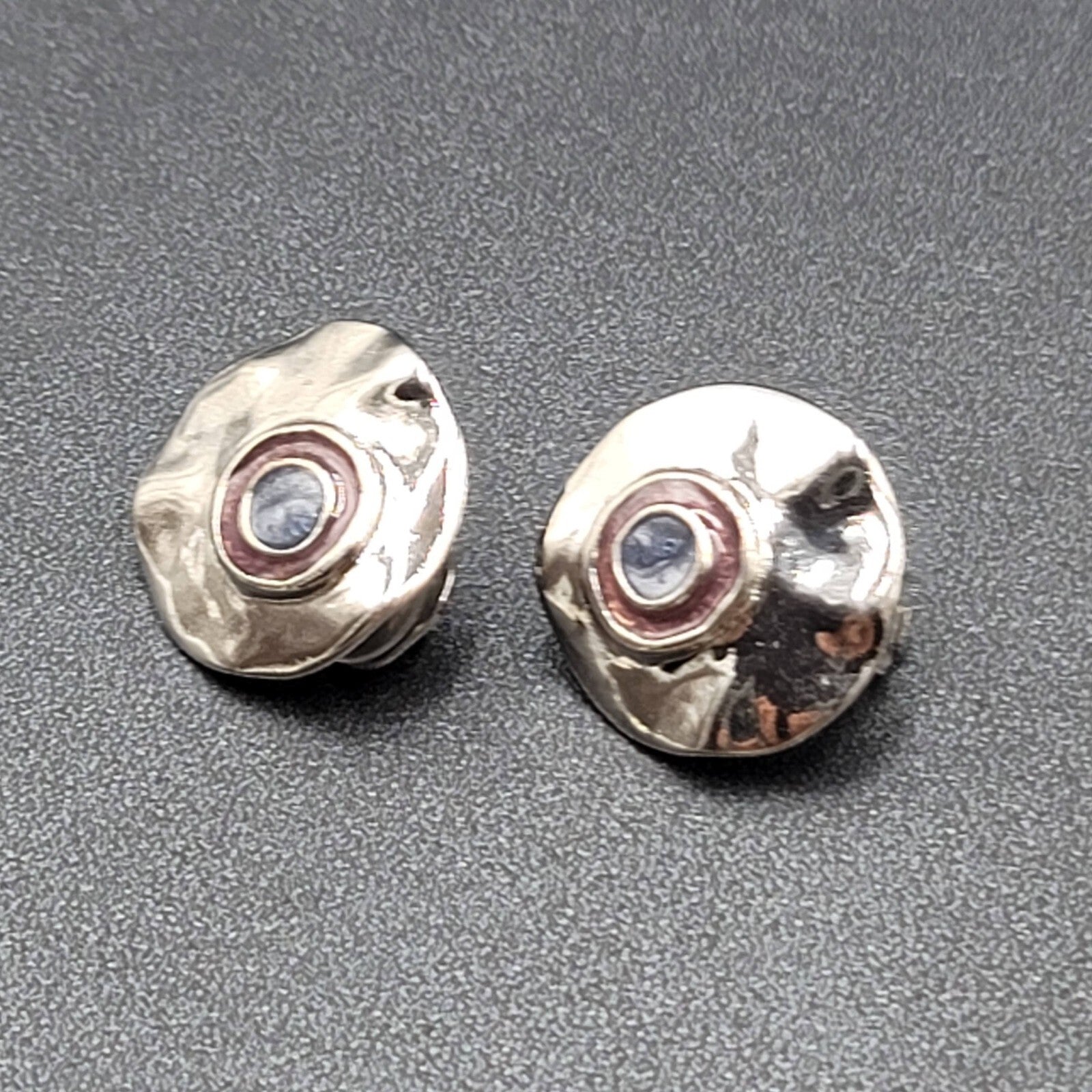 Vintage Clip on Earrings Polished Silver Plated Purple Enamel Round 1"