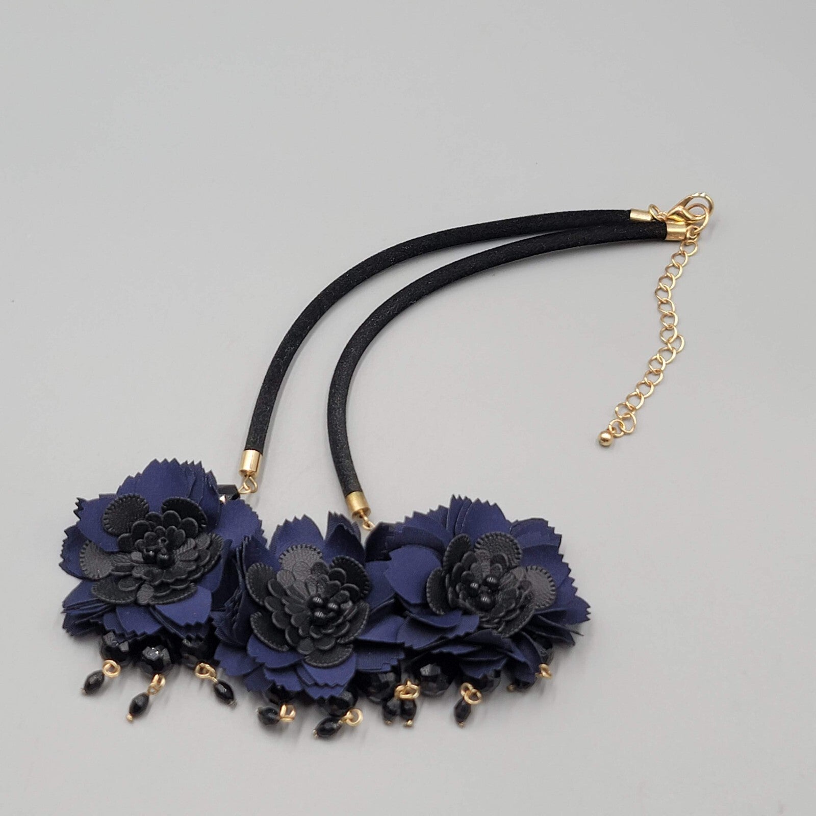 Dark Blue Fabric Flower Statement Necklace Black Cord Gold tone 18"