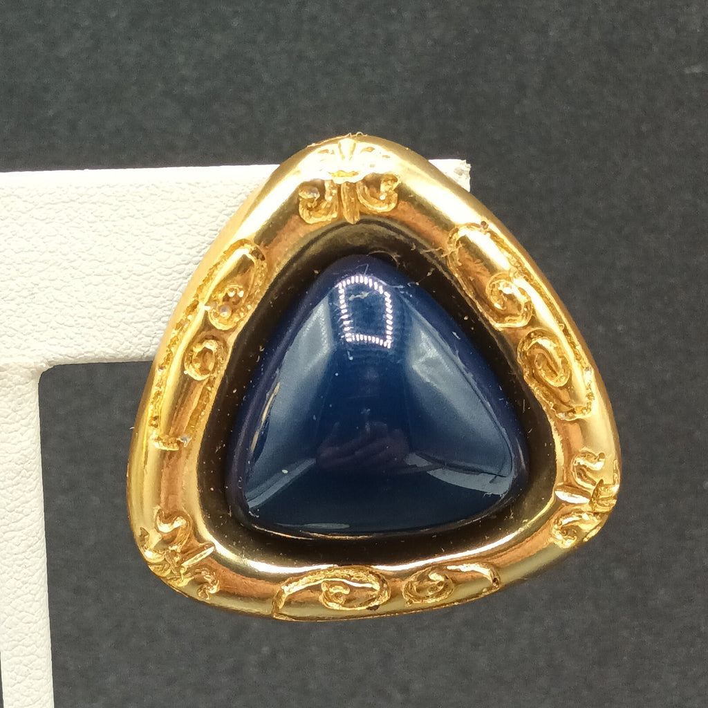 Vintage Clip on Earrings Gold tone Dark Blue Acrylic Soft Triangle Drop 1 3/8"