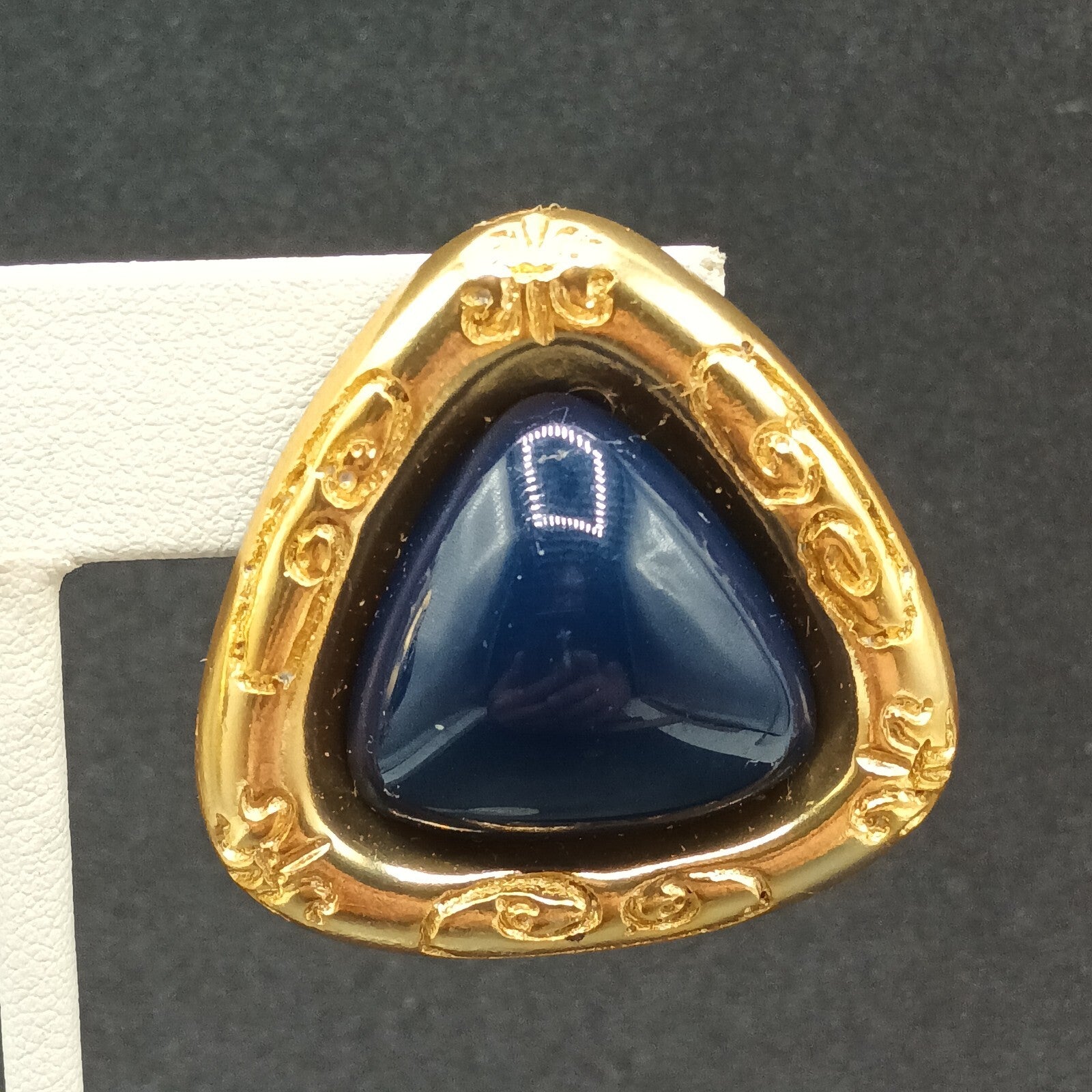 Vintage Clip on Earrings Gold tone Dark Blue Acrylic Soft Triangle Drop 1 3/8"