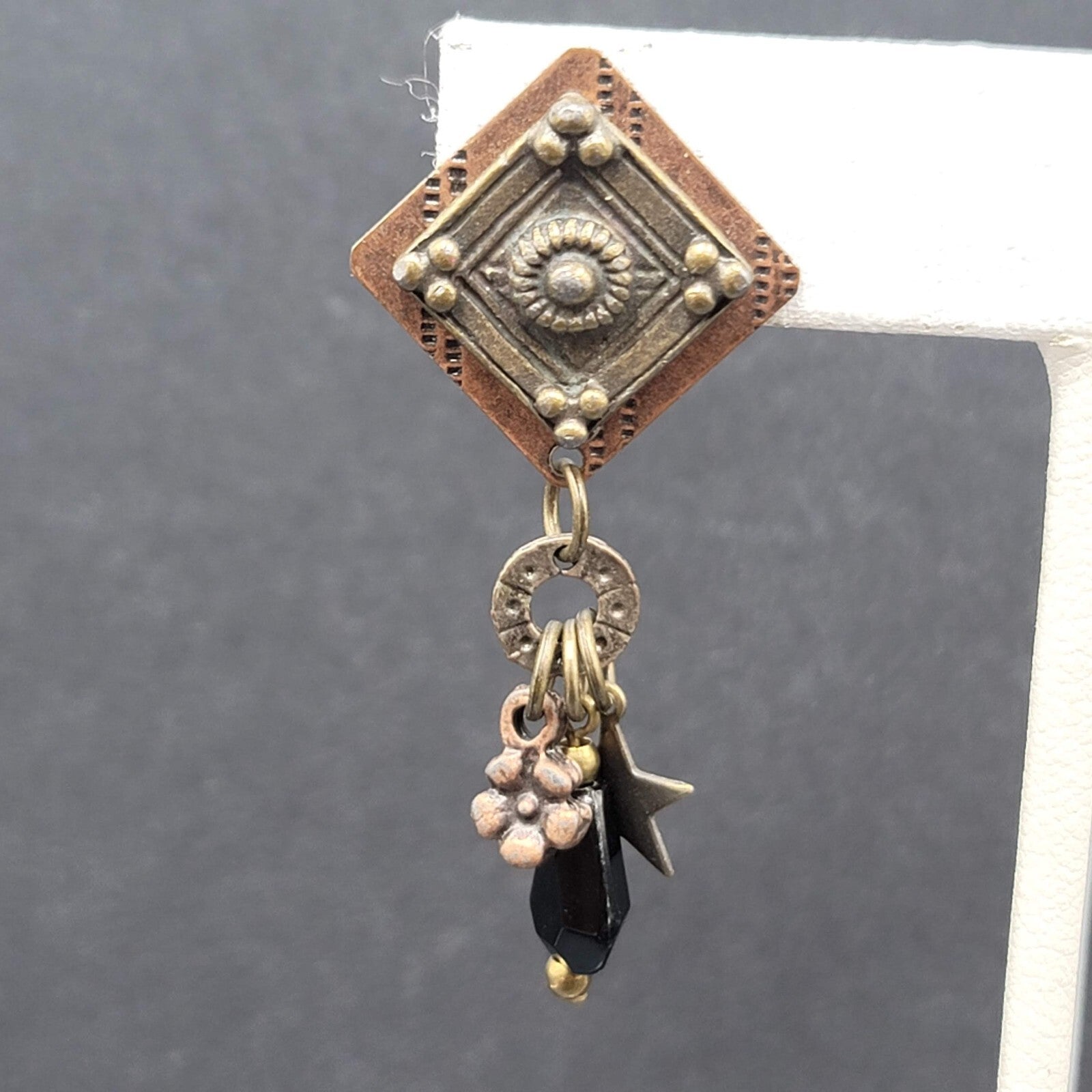 Pierced Earrings Copper and Silver tone Star Black Beads Layered Dangle 2"